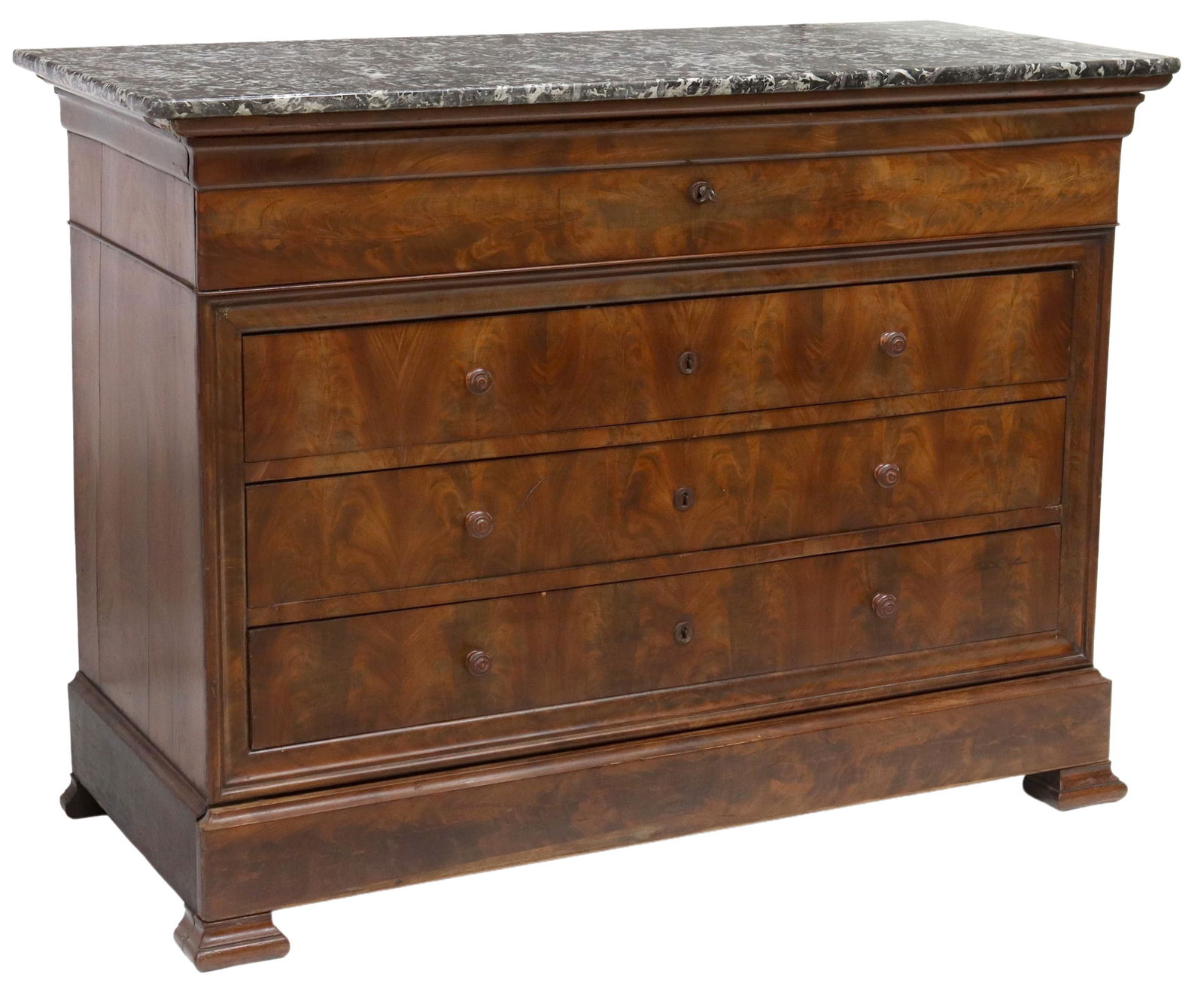 LOUIS PHILIPPE MARBLE-TOP SECRETAIRE COMMODE: French Louis Philippe period marble-top mahogany secretaire commode, mid 19th c., shaped marble top, over drop-front ogee drawer with inset leather writing surface, gallery fitted with three drawers a