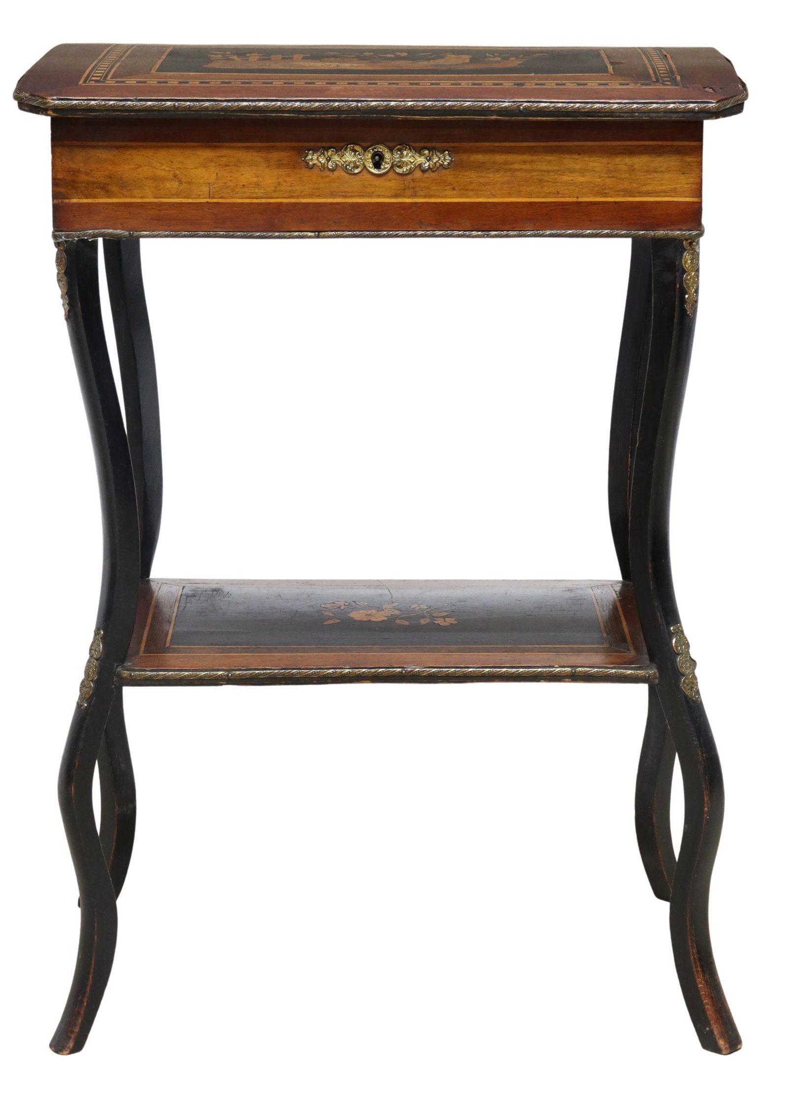 FRENCH NAPOLEON III PERIOD MARQUETRY SEWING TABLE: French Napoleon III period marquetry sewing table, mid 19th c., hinged top with string inlay, center landscape depicting Shepard with sheep, opening to flat plate mirror, fitted interior, rising on eb