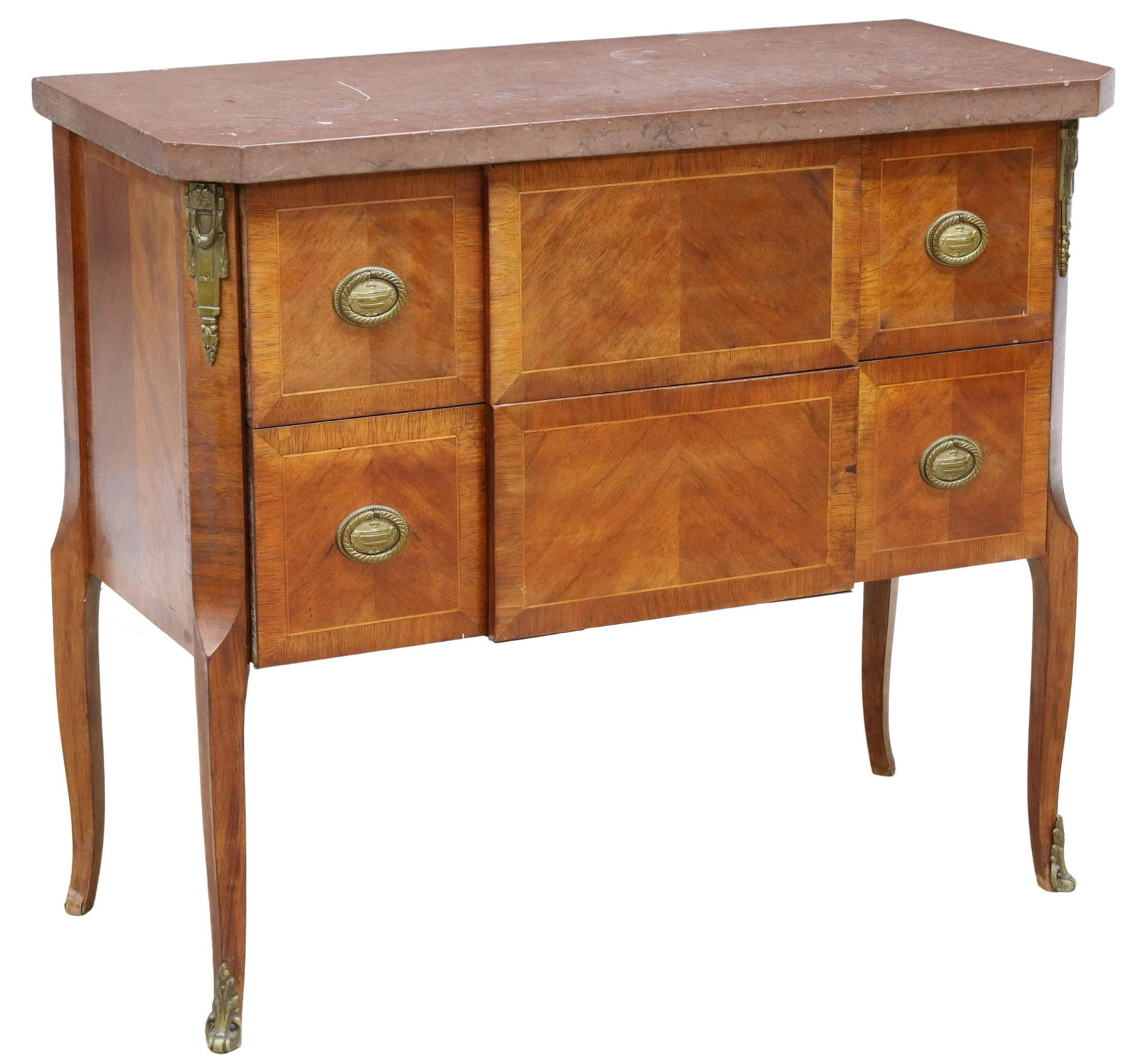 FRENCH STYLE MARBLE-TOP COMMODE STEREO CABINET: French style marble-top commode, early 20th c., now fashioned to house turntable and radio, matched veneer case fitted with two drawers, one with fall-front panel, accented with metal foliate mounts,