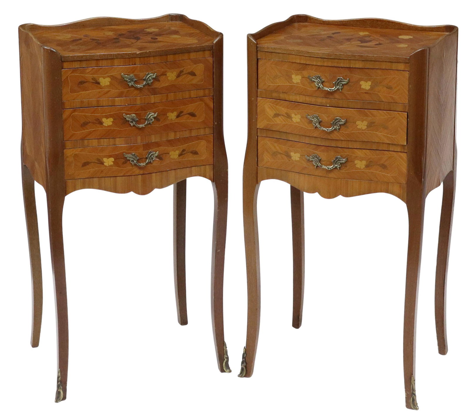 (2) LOUIS XV STYLE FLORAL MARQUETRY NIGHTSTANDS: (pair) French Louis XV style nightstands, 20th c., case accented with floral marquetry, three drawers, rising on cabriole legs, ending in sabots, approx 29"h, 14.75"w, 11.25"d Start Price: $200.00