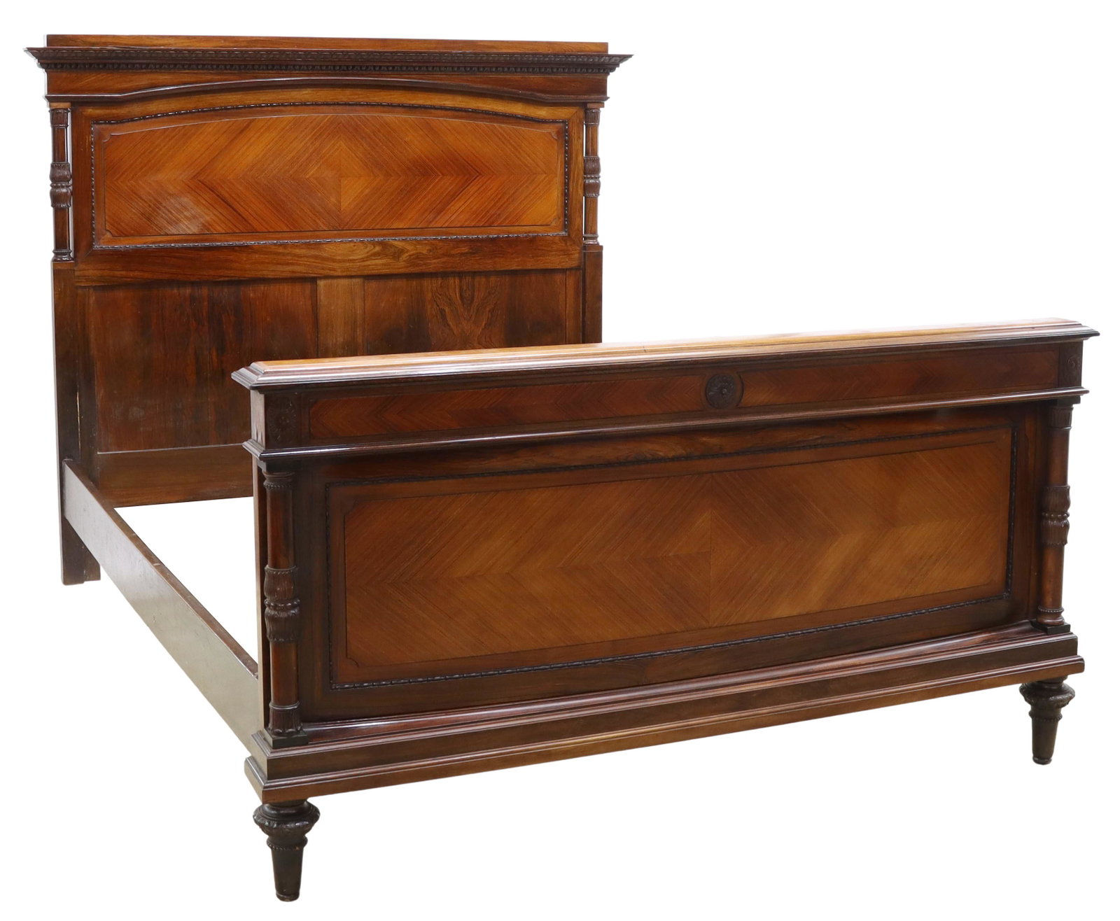 ITALIAN MAHOGANY & ROSEWOOD BED: Italian mahogany and rosewood bed, mid 20th c., headboard and footboard with diamond-matched veneers, turned and carved columns, rising on tapered legs, exterior: approx 60"h, 85.5"l, 70.25"w, interio