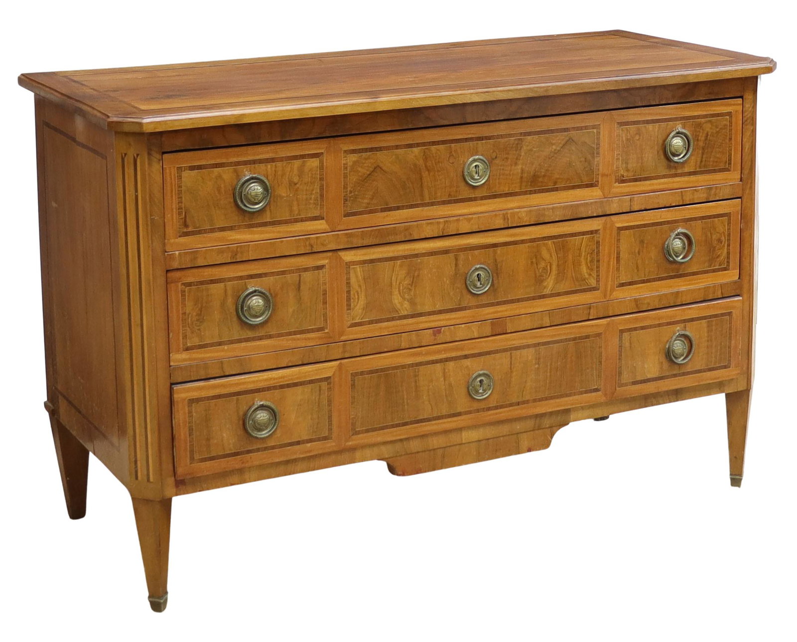 FRENCH LOUIS XVI STYLE THREE-DRAWER COMMODE: French Louis XVI style mahogany commode, 20th c., having contrasting wood inlay, three drawers, rising on tapered square legs, approx 31"h, 48"w, 21"d Start Price: $150.00