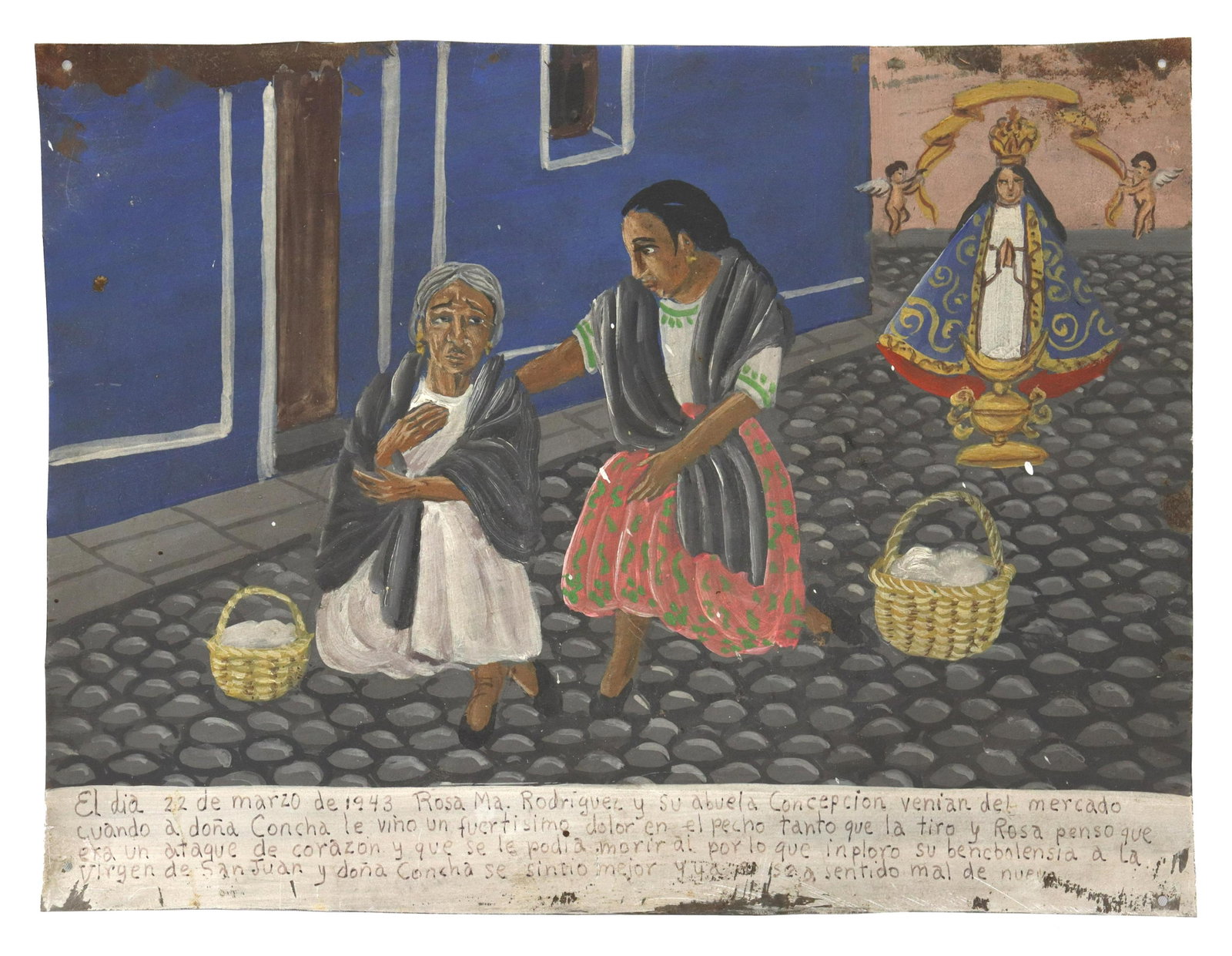 RELIGIOUS EX-VOTO VIRGEN DE SAN JUAN GRANDMOTHER: Unframed oil on tin ex-voto, Mexico, 20th c., offered to La Virgen de San Juan by Rosa Maria Rodriguez for her grandmother Concepcion, who experienced severe chest pains coming home from the market, d