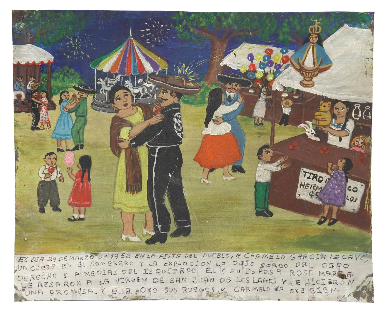 RELIGIOUS EX-VOTO LA VIRGEN DE SAN JUAN FIREWORKS: Unframed oil on tin ex-voto, Mexico, 20th c., offered to La Virgen de San Juan de los Lago Jacinto for hearing the prayers of Carmelo Garcia and his wife Rosa Maria, curing the deafness in his right e