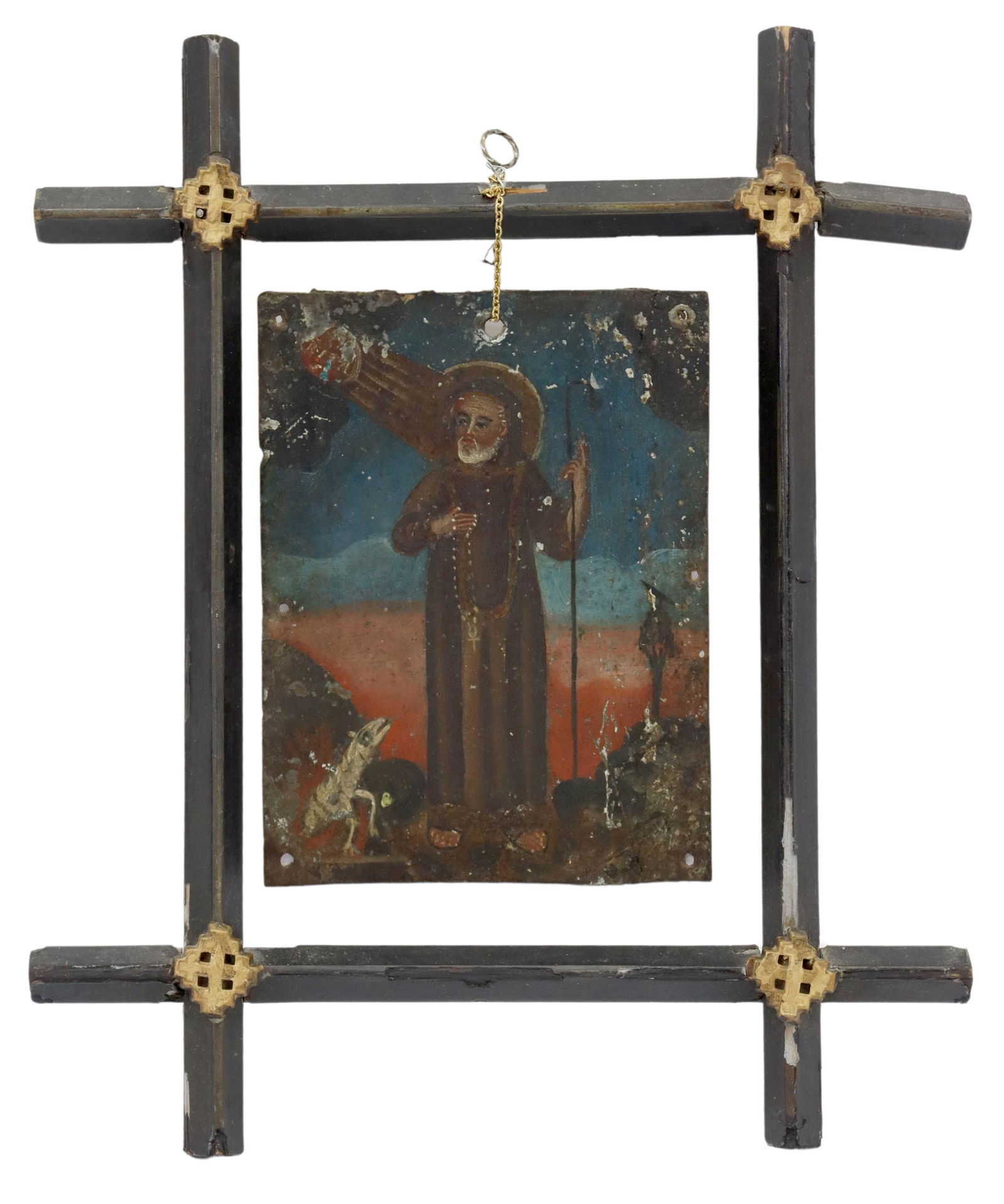 OIL ON TIN RETABLO, SAINT FRANCIS PAOLA, MEXICO: Framed oil on tin retablo, Mexico, San Francisco de Paula (Saint Francis of Paola), depicted holding a shepherd's staff, upper left corner with symbol of "caridad" (God's charity), lower left corner w