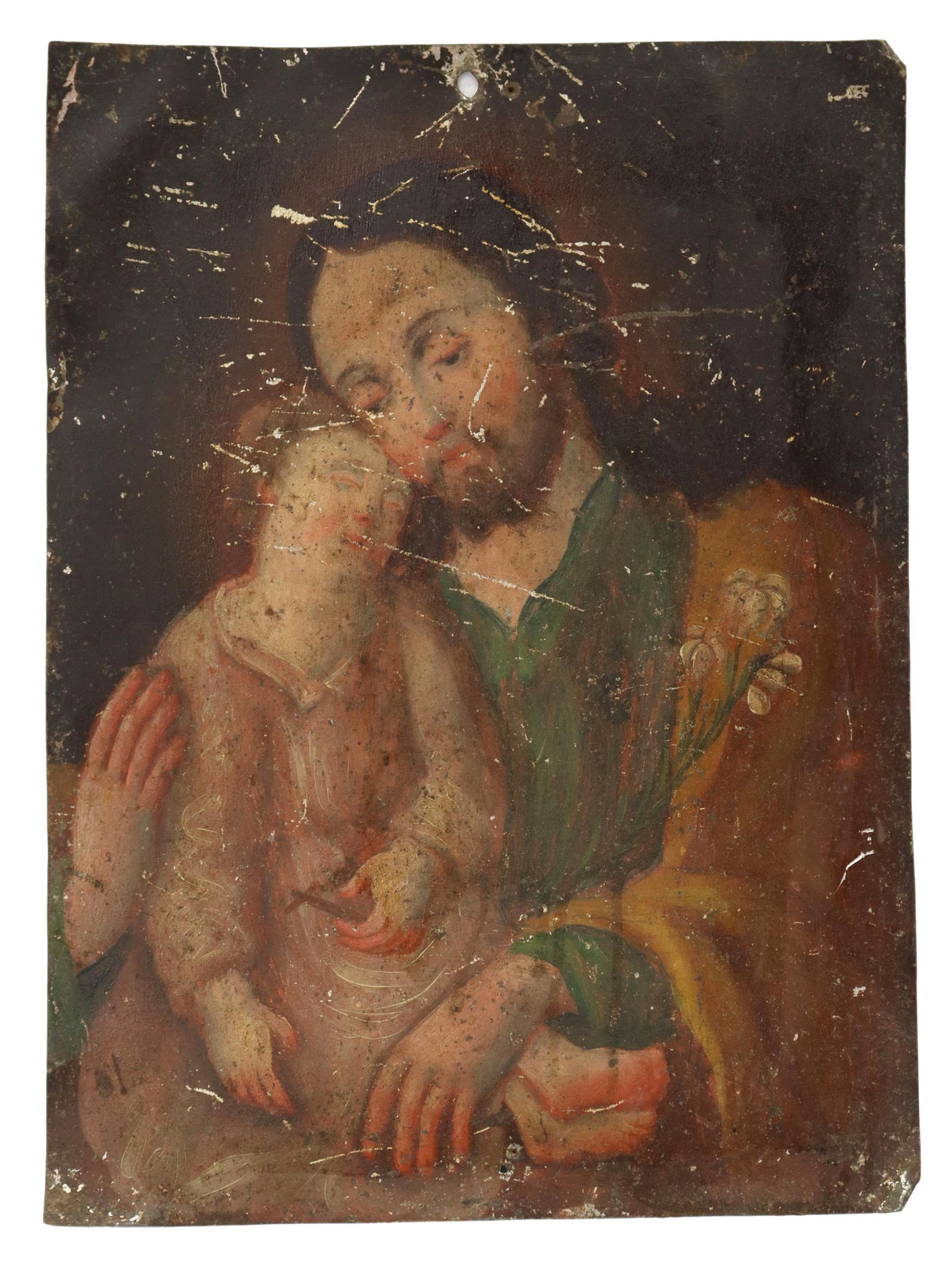 OIL ON TIN RETABLO, SAINT JOSEPH & CHRIST, MEXICO: Unframed oil on tin retablo, Mexico, San Jose (Saint Joseph), depicted in a green robe with yellow mantle, holding white lilies, with the sleeping Christ Child, overall: 13"h, 9.75"w, 0.5lbs Start Pri
