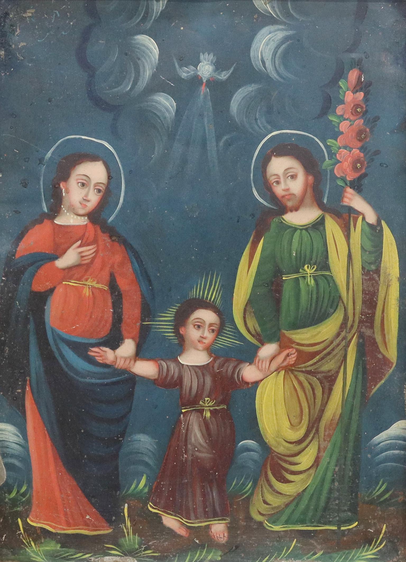 OIL ON TIN RETABLO, THE HOLY FAMILY, MEXICO: Framed oil on tin retablo, Mexico, La Sagrada Familia (The Holy Family), depicting the Virgin Mary in a blue mantle over a red gown, the Holy Spirit as a dove above Christ Child, Saint Joseph holding