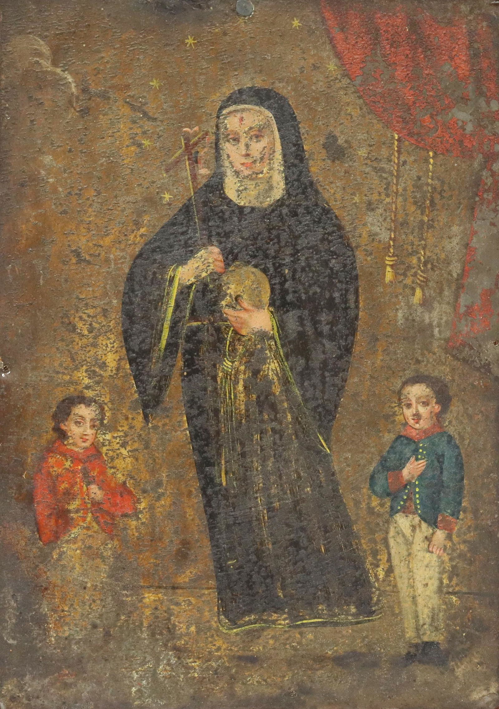 OIL ON TIN RETABLO, SAINT RITA OF CASCIA, MEXICO: Framed oil on tin retablo, Saint Rita of Cascia, depicted holding a skull and cross, with a stigmata wound mark to her forehead, flanked by two boys representing her two sons, mounted to carved wood f