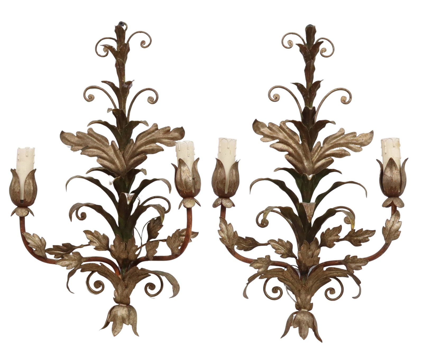 (2) ITALIAN LOUIS XV STYLE GILT METAL 2-LT SCONCES: (pair) Italian Louis XV style gilt metal wall sconces, 20th c., leaf and scroll wall mount supporting two patinated curving arms ending in petal bobeche and faux candles, in need of wiring, approx 19"