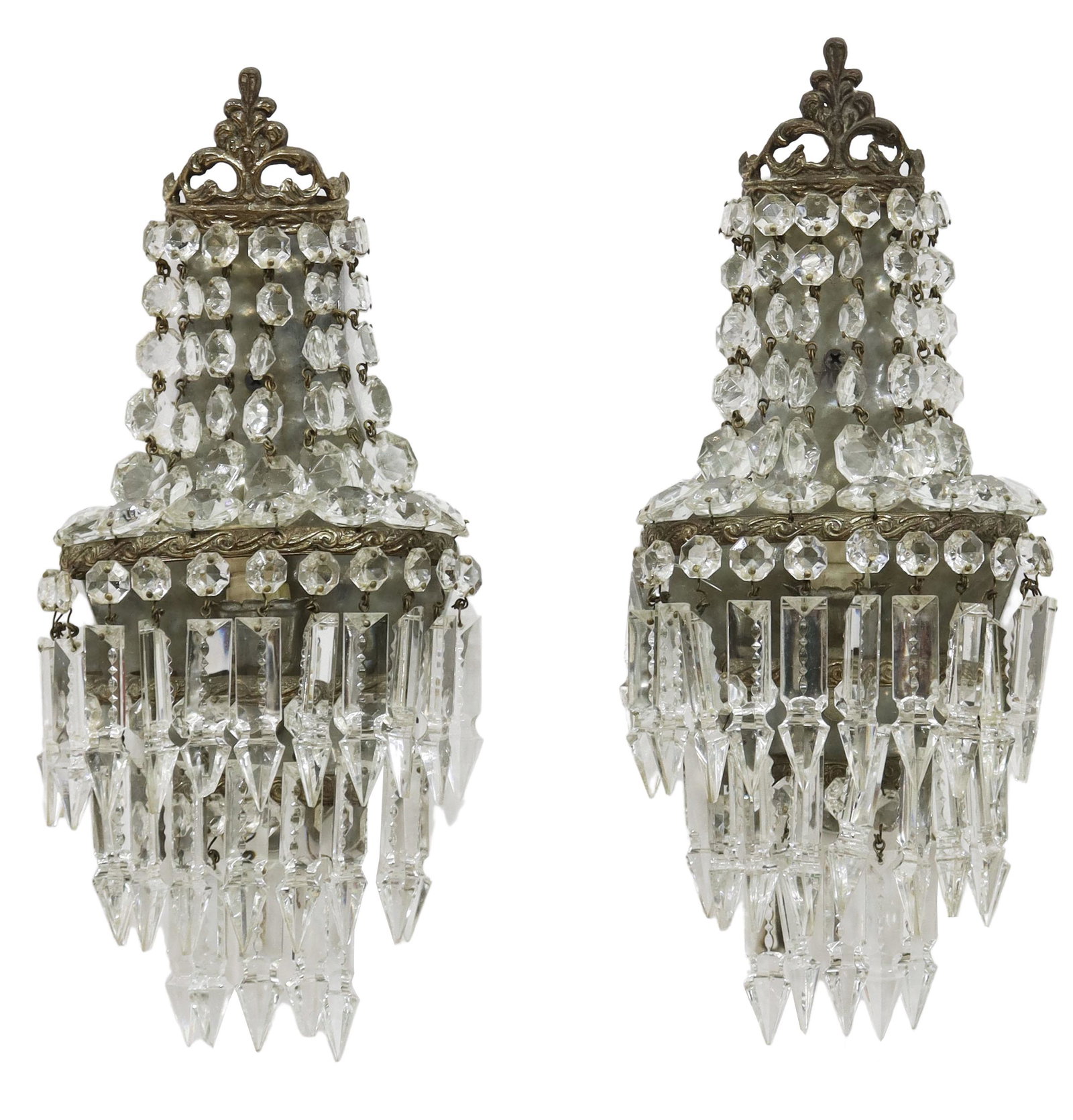 (2) EMPIRE STYLE CRYSTAL ONE-LIGHT WALL SCONCES: (pair) Empire style crystal prism one-light wall sconces, 20th c., metal frame topped with foliate scroll crest supporting four tiers of garlands and drops, enclosing single light fixture, in need of 