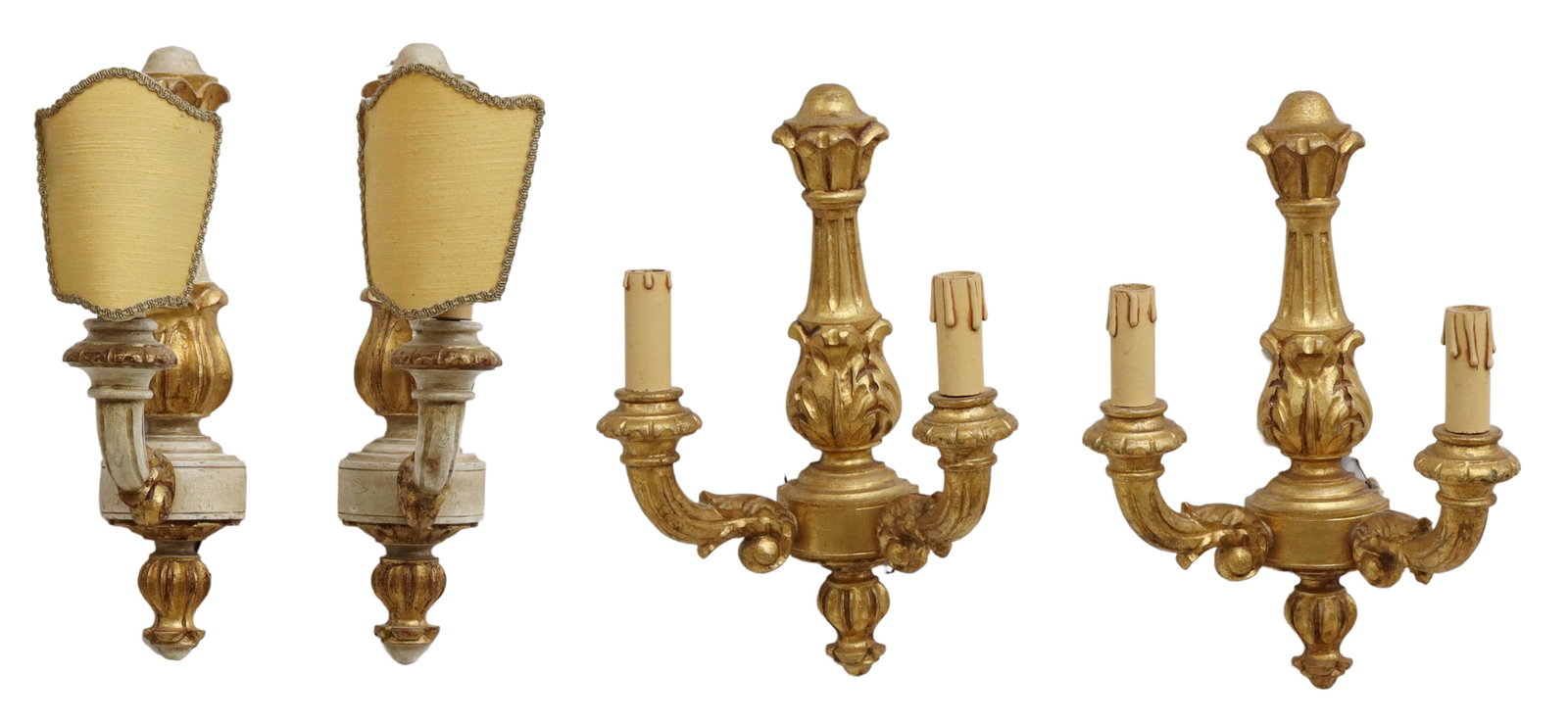 (4) FRENCH LOUIS XVI STYLE GILTWOOD WALL SCONCES: (lot of 4) French Louis XVI style giltwood wall sconces, 20th c., comprising: (pair) having carved foliated column wall mount supporting two scrolled arms ending in faux candles, approx 13.5"h, 9"w, 4