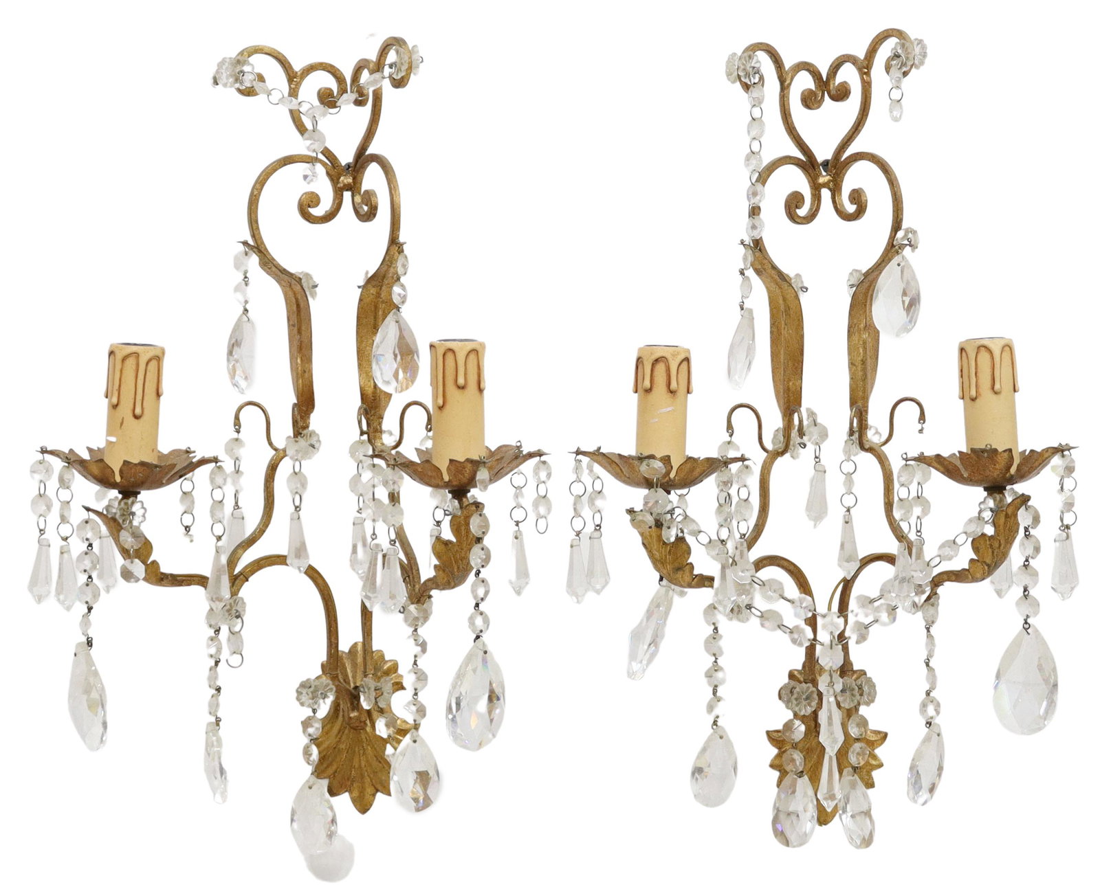 (2) ITALIAN GILT METAL & CRYSTAL WALL SCONCES: (pair) Italian gilt metal and crystal sconces, 20th c., volute scroll wire frame hung with prism garlands and drops, supporting two foliated arms ending in petal bobeche and faux candles, in need of w