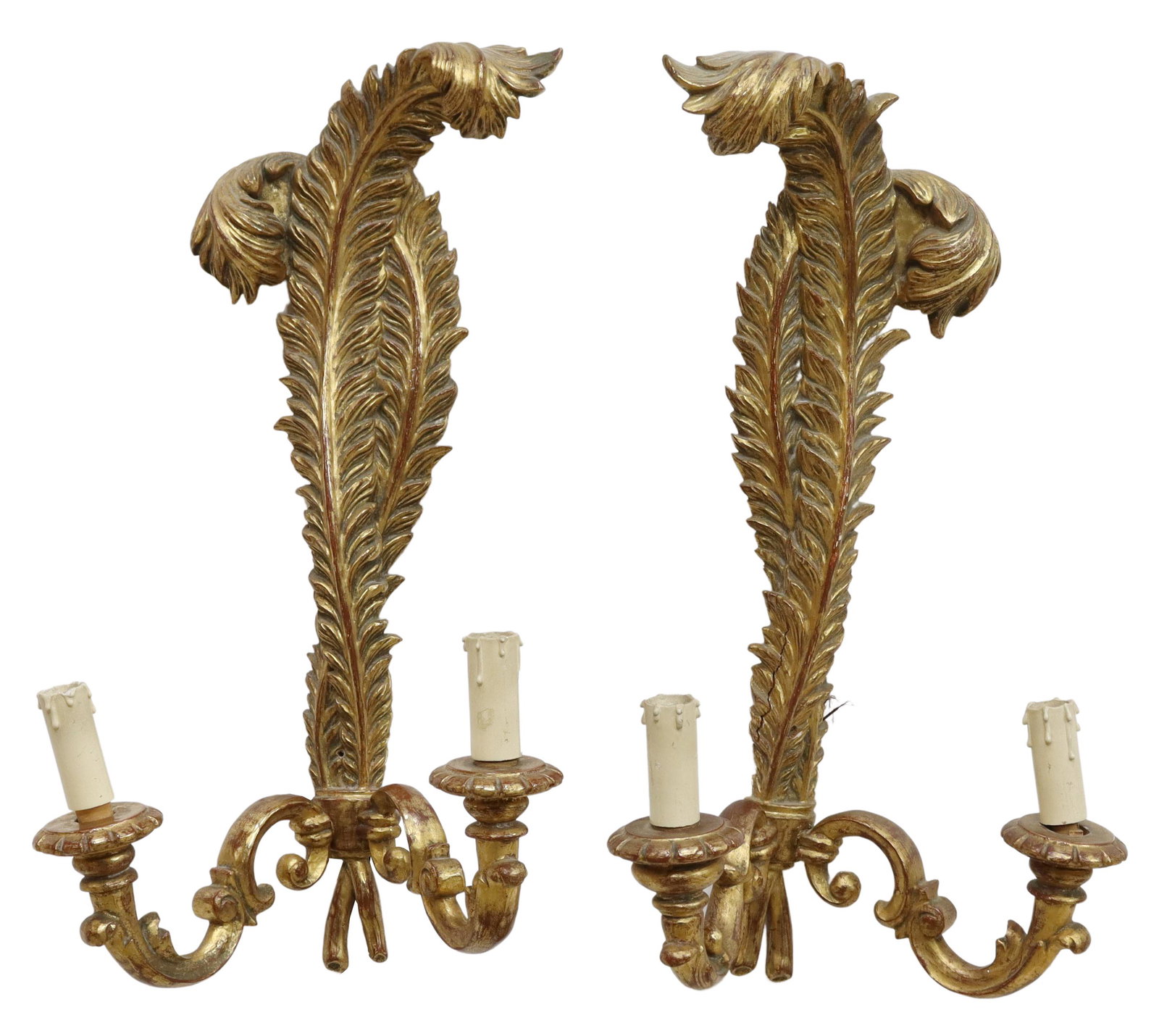(2) ITALIAN LOUIS XV STYLE GILTWOOD 2-LT SCONCES: (pair) Italian Louis XV style giltwood wall sconces, 20th c., undulating feather-form wall mount supporting two foliate scroll arms ending in bobeches and faux candles, in need of wiring, approx 20"h,