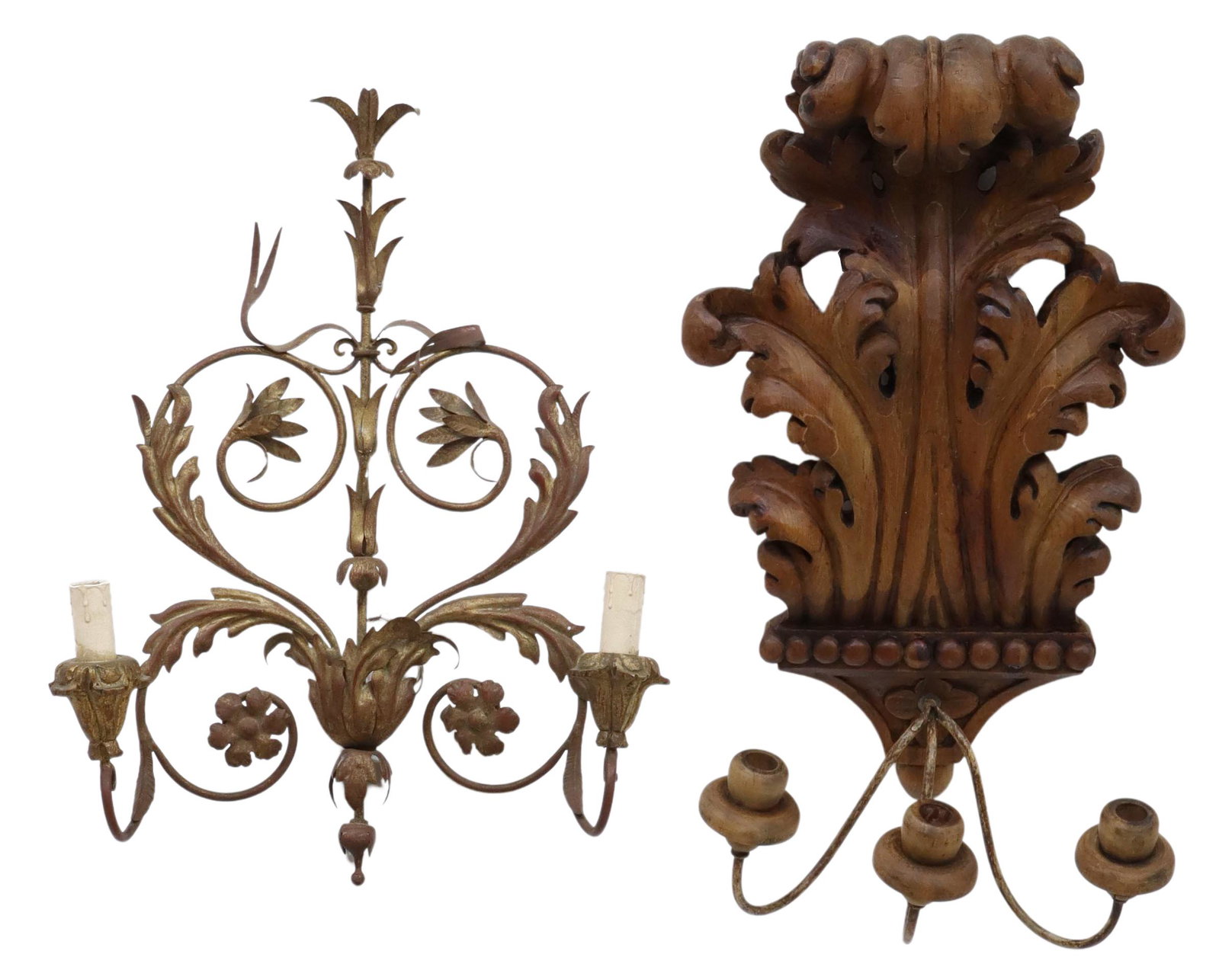 (2) CONTINENTAL CARVED & GILT WALL SCONCES: (lot of 2) Continental carved and gilt wall sconces, 20th c., comprising: (1) Italian Louis XV style gilt and patinated metal sconce, having foliated volute scroll wall mount supporting two arms endin