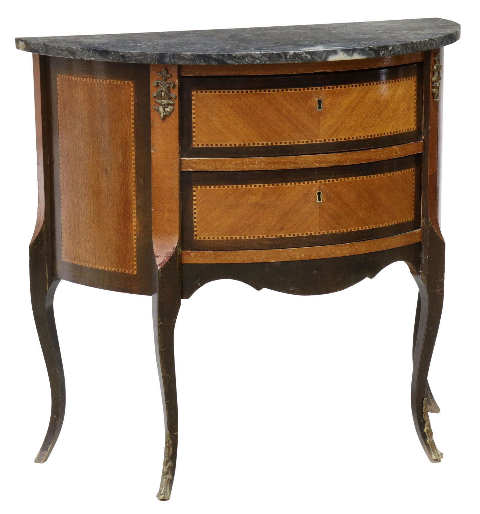 FRENCH STYLE MARBLE-TOP DEMILUNE COMMODE: French style marble-top demilune commode, early 20th c., having parquetry and matched veneer case fitted with two drawers, accented with metal foliate mounts, rising on cabriole legs, ending in sabots