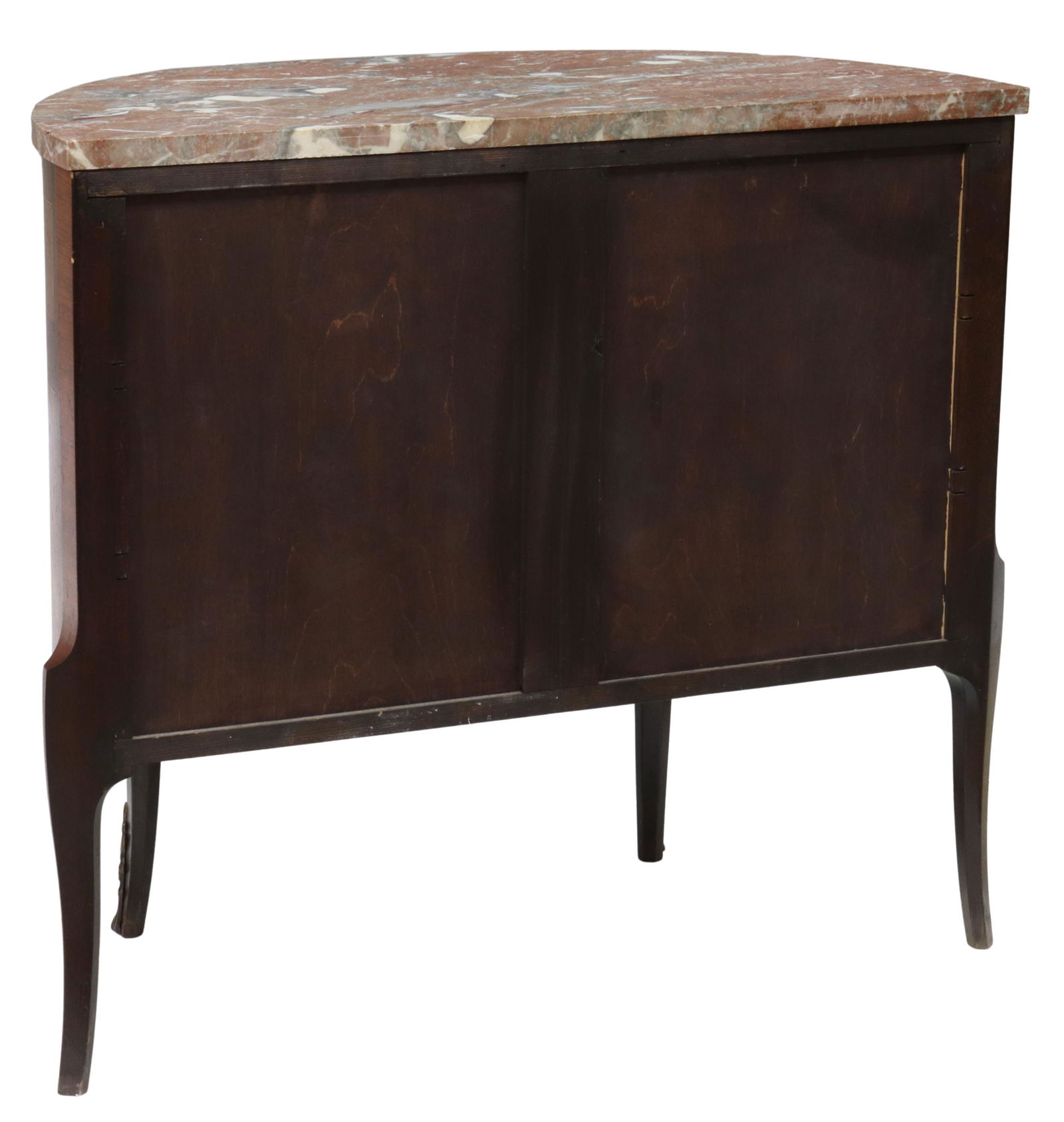 FRENCH STYLE MARBLE-TOP DEMILUNE COMMODE: French style marble-top demilune commode, early 20th c., having floral marquetry and parquetry case fitted with three drawers, accented with metal foliate mounts, rising on cabriole legs, ending in sa