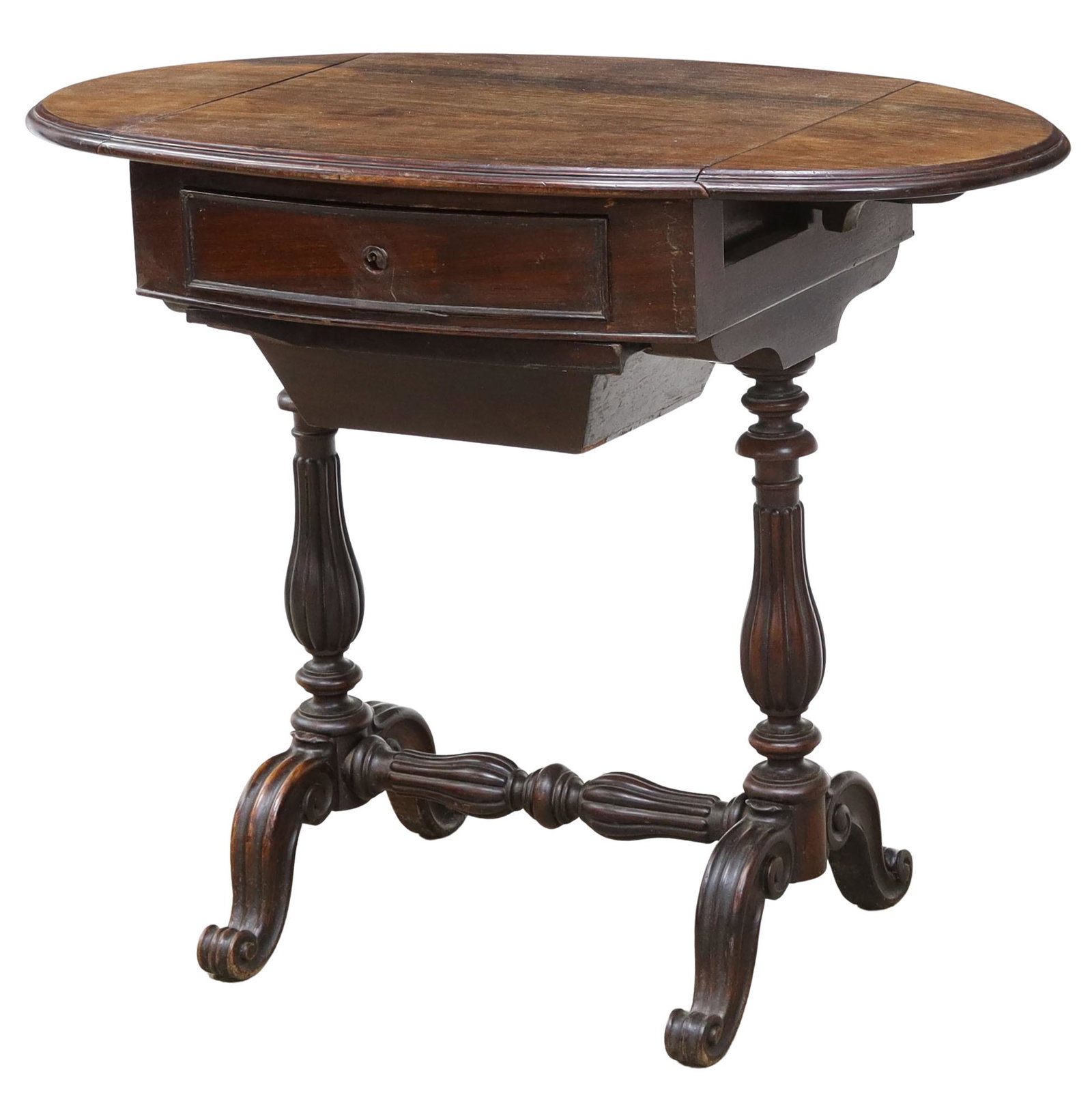 FRENCH LOUIS PHILIPPE PERIOD TRAVAILLEUSE TABLE: French Louis Philippe period rosewood drop-leaf work/ sewing table, mid 19th c., having two drop leaves to form oval-shaped top, single drawer above extending basket, rising on turned and ribbed legs,