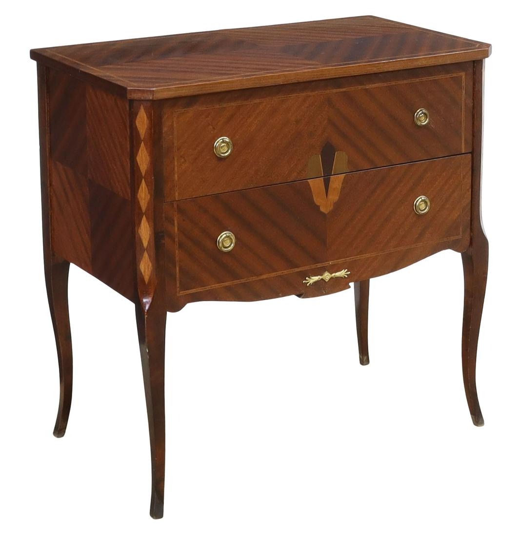PETITE CONTINENTAL MAHOGANY TWO-DRAWER COMMODE: Petite Continental mahogany commode, early to mid 20th c., in diamond-matched veneers, with geometric parquetry, contrasting string inlay, two drawers, rising on cabriole legs, approx 28"h, 27.5"w, 16
