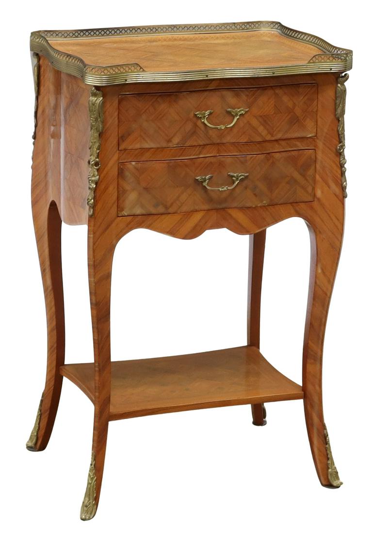ITALIAN LOUIS XV STYLE PARQUETRY BEDSIDE CABINET: Italian Louis XV style parquetry bedside cabinet, Fratelli Cattaneo, Genova, 20th c., having pierced gilt metal gallery, shaped top over parquetry case, fitted with two drawers, joined by medial shelf