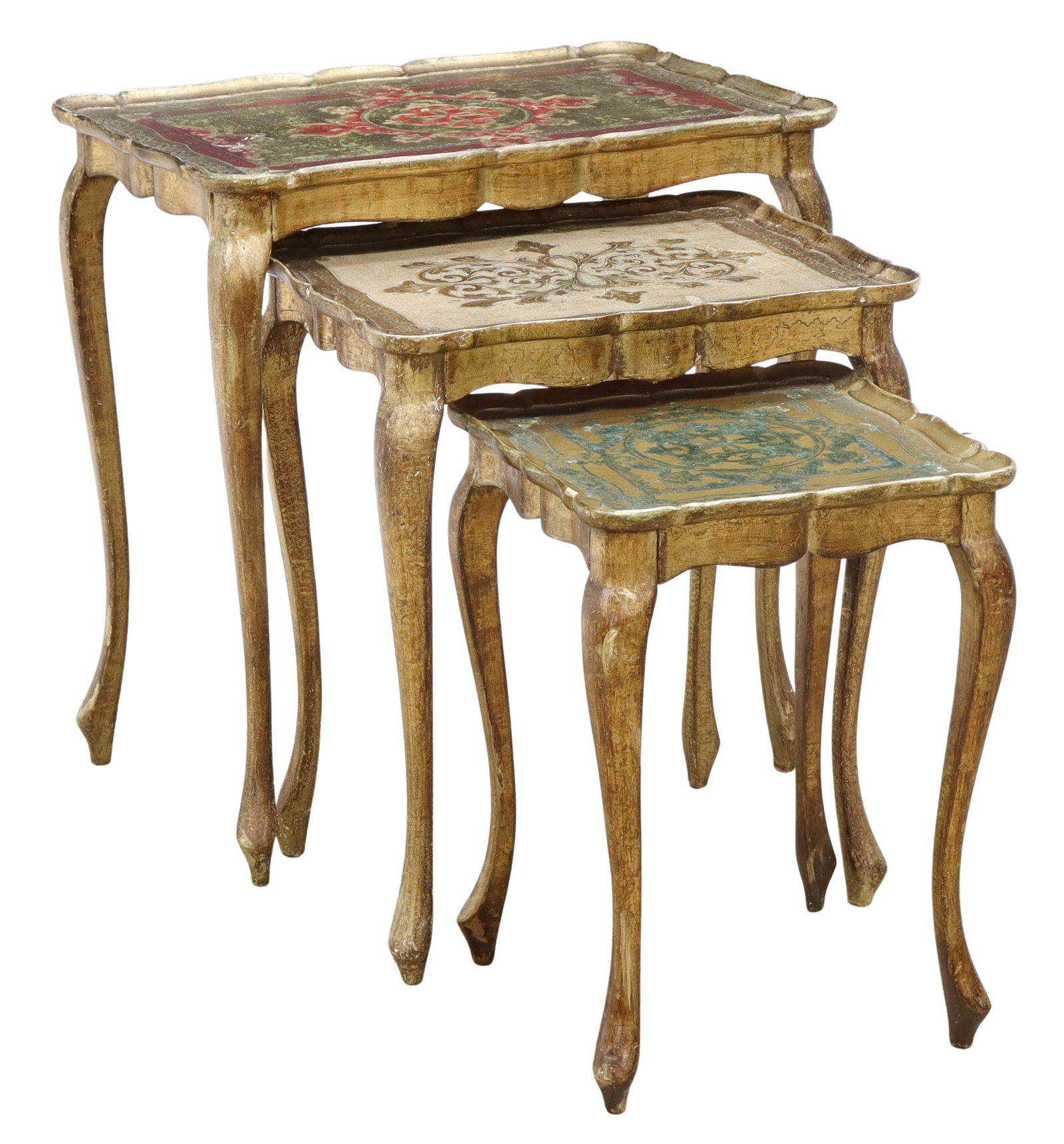 (3) ITALIAN FLORENTINE PARCEL GILT NESTING TABLES: (lot of 3) Italian Florentine style parcel gilt and painted nesting tables, 20th c., each having shaped top, with incised foliate design, rising on cabriole legs, largest: approx 23"h, 22.25"w, 14.25"