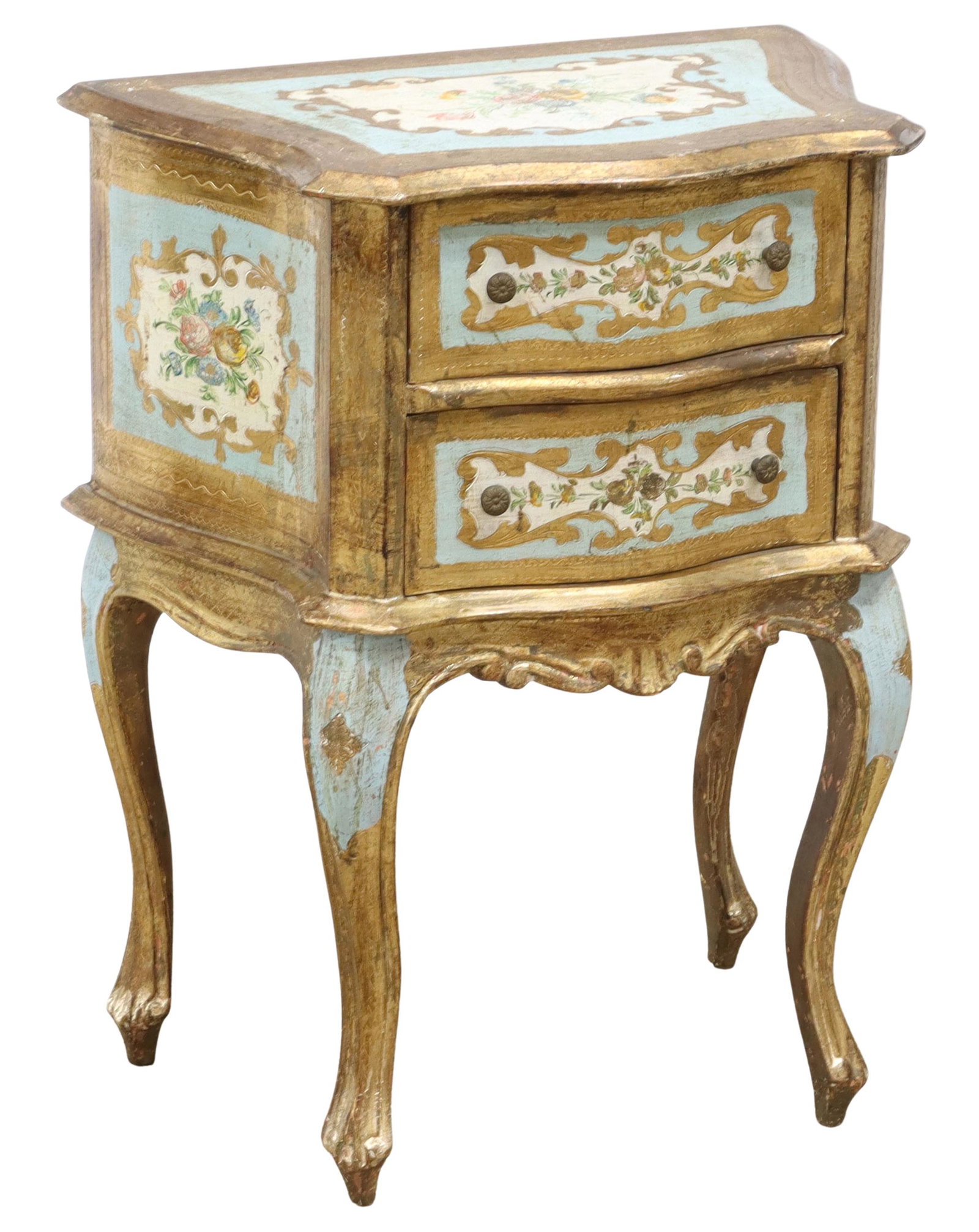 VENETIAN PARCEL GILT & PAINT DECORATED NIGHTSTAND: Venetian parcel gilt and paint decorated bedside cabinet, 20th c., shaped top over serpentine-front case, fitted with two drawers, haivng foliate carved apron, rising on cabriole legs, approx 23.25"h,