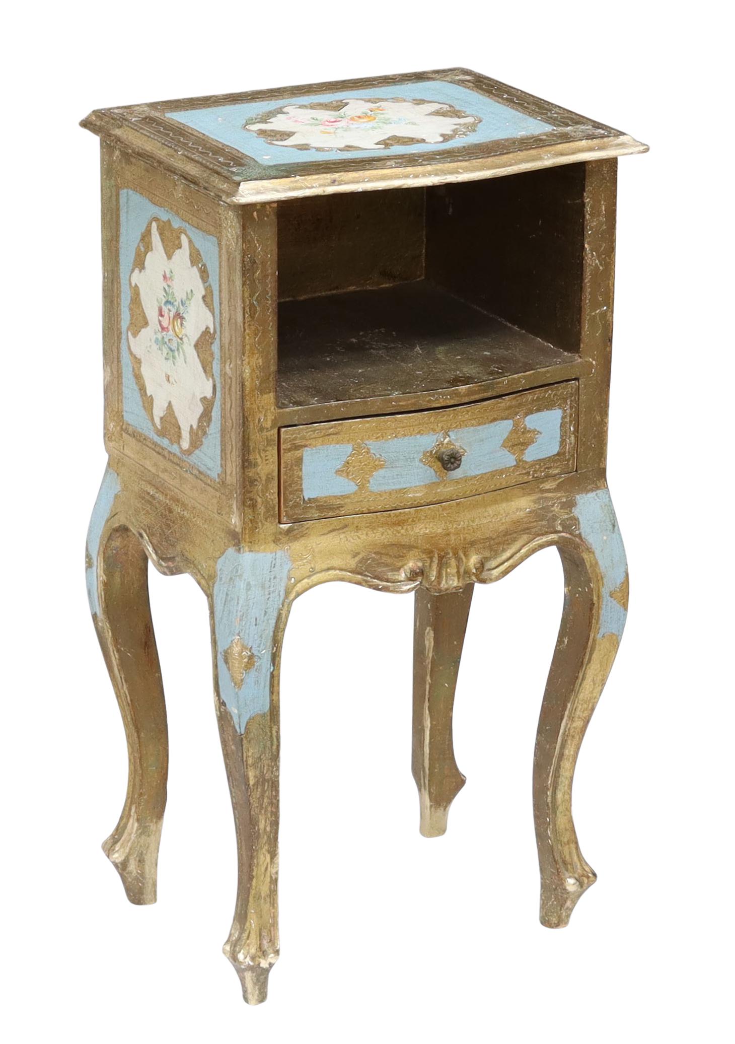 VENETIAN PARCEL GILT & PAINT DECORATED NIGHTSTAND: Venetian parcel gilt and paint decorated bedside cabinet, 20th c., case ornamented with incised patterns, gilt foliate scrolls, polychrome floral motifs, having open cabinet over single drawer, carved