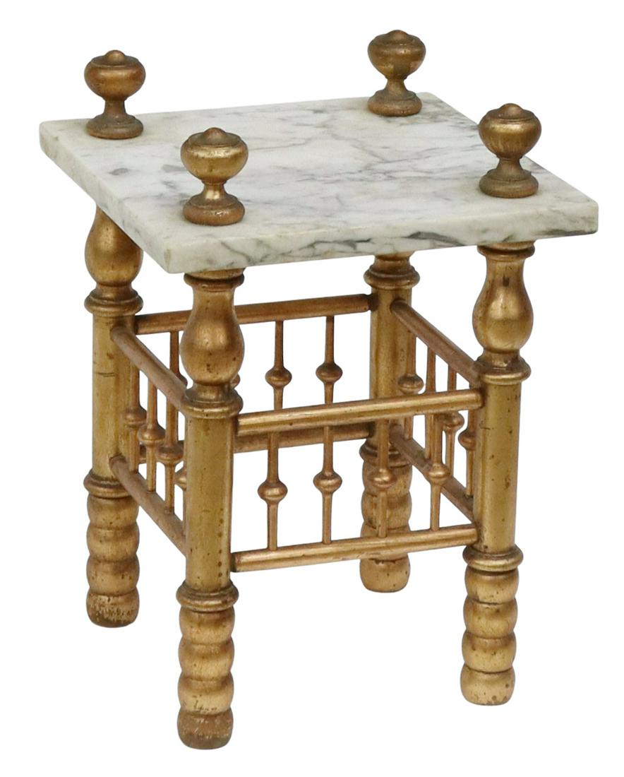 DIMINUTIVE CONTINENTAL MARBLE & GILTWOOD PEDESTAL: Diminutive Continental marble and giltwood plant stand, having four finials over square top, spindle stretchers, rising on turned legs, approx 14.75"h, 10.25"w, 10.25"d Start Price: $60.00