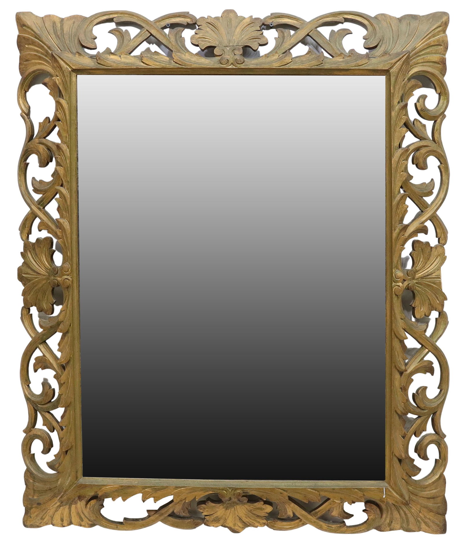 ITALIAN BAROQUE STYLE GILTWOOD WALL MIRROR: Italian Baroque style giltwood wall mirror, 20th c., having openwork foliate frame, encasing beveled mirror plate, losses to silvering and spotting to mirror plate, approx 42.5"h, 35"w, 28lbs Start Pr