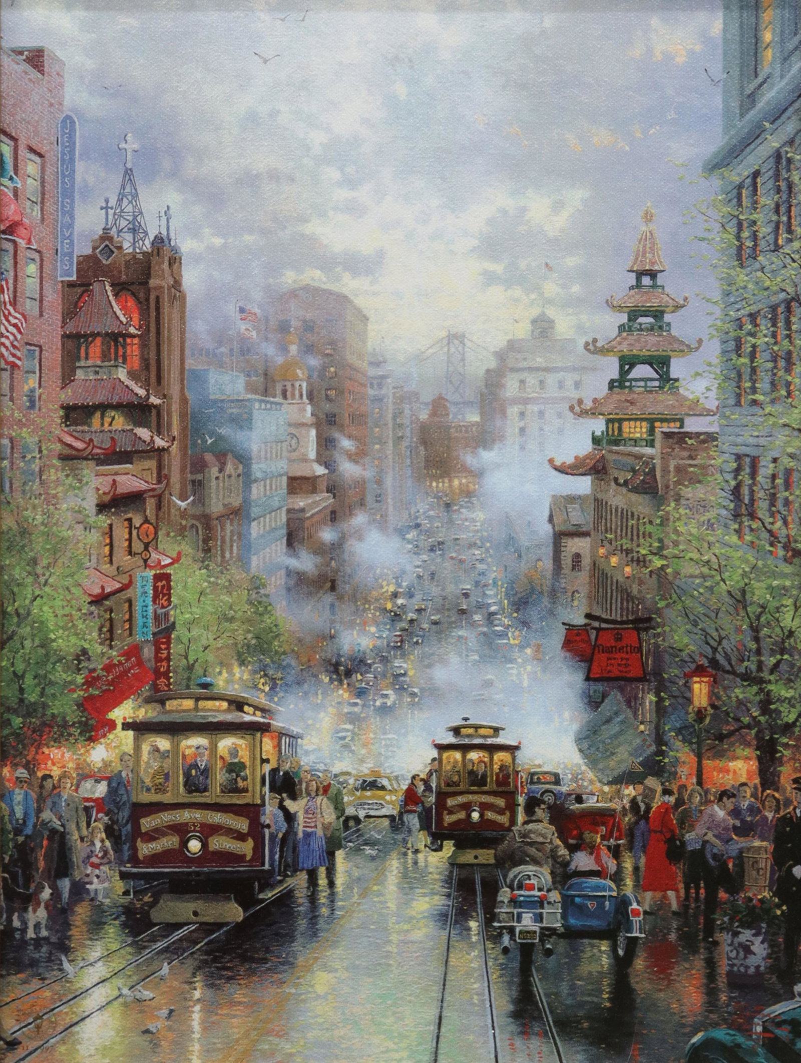 AFTER THOMAS KINKADE (D.2012) SAN FRANCISCO PRINT: Framed print on canvas mounted to artist board, "San Francisco, California Street," signed in print Thomas Kinkade (American, 1958-2012), 1997, edition 11, sight: 15.5"h, 11.5"w, overall: 22"h, 18"w, 