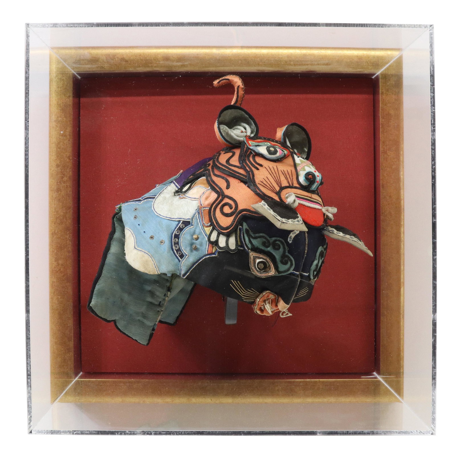 FRAMED CHINESE EMBROIDERED SILK TIGER CHILD'S HAT: Framed Chinese embroidered silk tiger child's hat, displayed in plexiglass case, overall: approx 13.25"h, 13.25"w, 9.75"d, 5lbs Start Price: $80.00