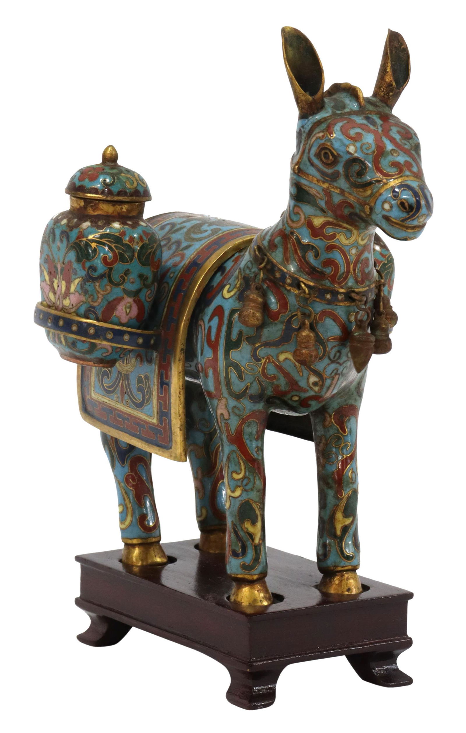 CHINESE CLOISONNE ENAMEL STANDING HORSE: Chinese cloisonne enamel figure of a horse/ donkey, draped caparison with geometric border, central image of a bat, supporting two flasks/ snuff bottles with lotus scroll pattern, on hardwood stand, f