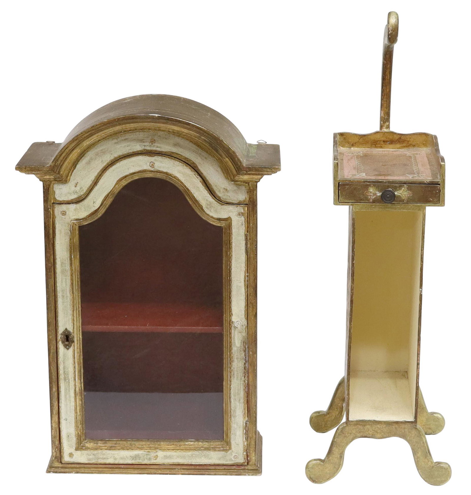 (2) FLORENTINE PARCEL GILT WALL VITRINE & STAND: (lot of 2) Florentine parcel gilt and paint decorated small furniture, mid 20th c., including: (1) wall vitrine, bonnet top, glazed cabinet door, red-painted interior, single shelf, wall hanging hardw
