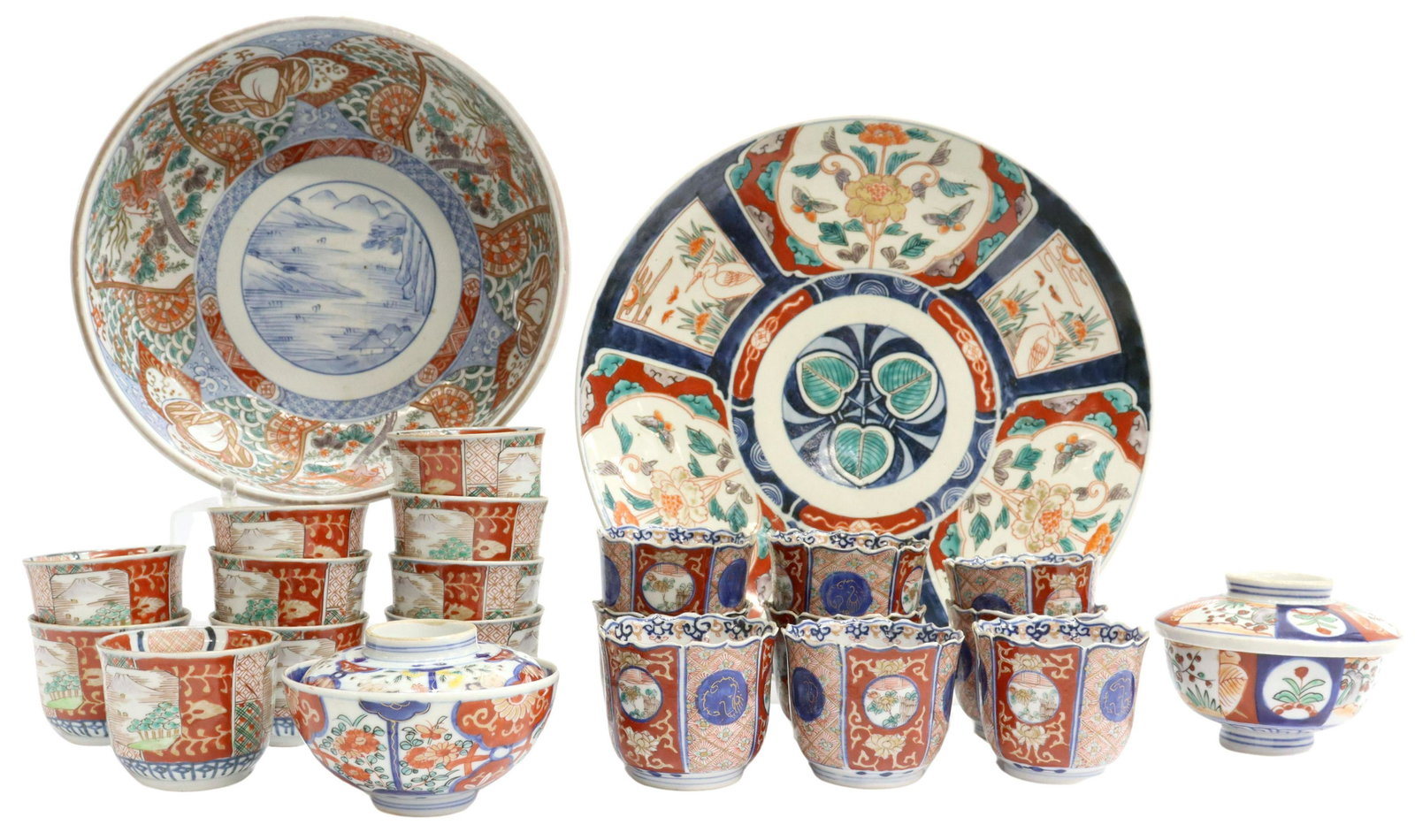 (23) JAPANESE IMARI PALETTE PORCELAIN TABLEWARE: (lot of 23) Japanese Imari palette porcelain tableware, including: (9) teacups, with scalloped rim, multiple cups with chips to rim, approx 3"h, 3.25"diam, (10) teacups, with reserves of Mount Fuji, a
