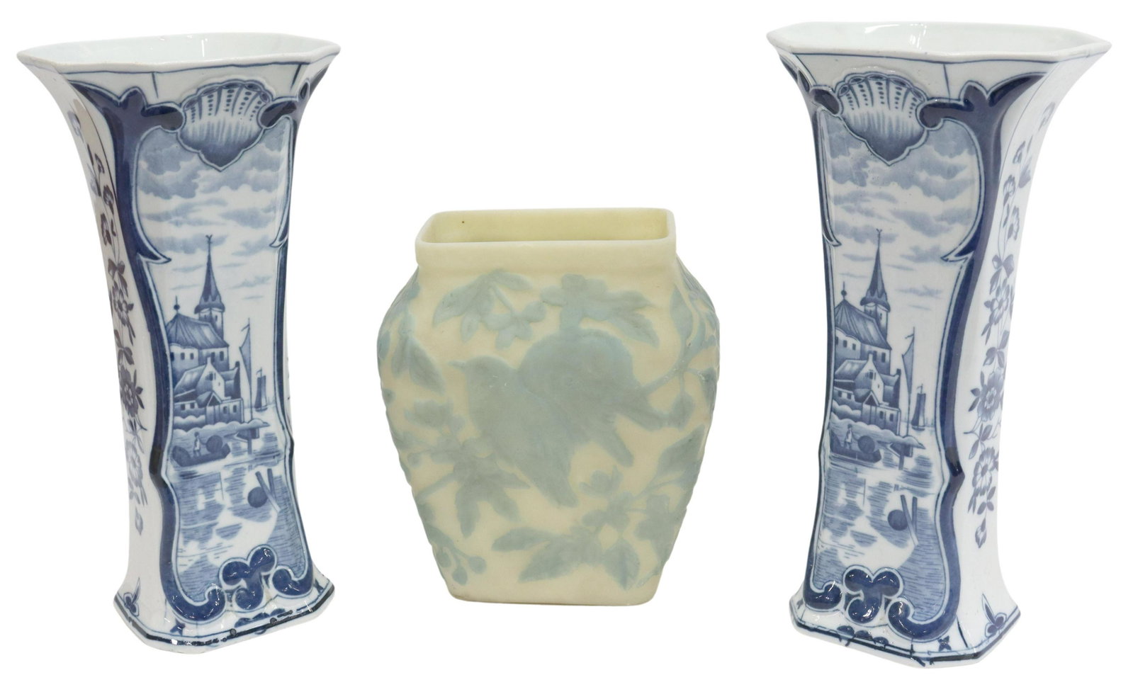 (3) DELFT BEAKER VASES & PHOENIX GLASSWORKS VASE: (lot of 3) Vases, including: (2) Delft porcelain vases, Mosa Maastricht, beaker form with flared rim, central reserve with harbor scene, framed by floral sprays, marked underfoot N/ Delft Dec 501 A, a