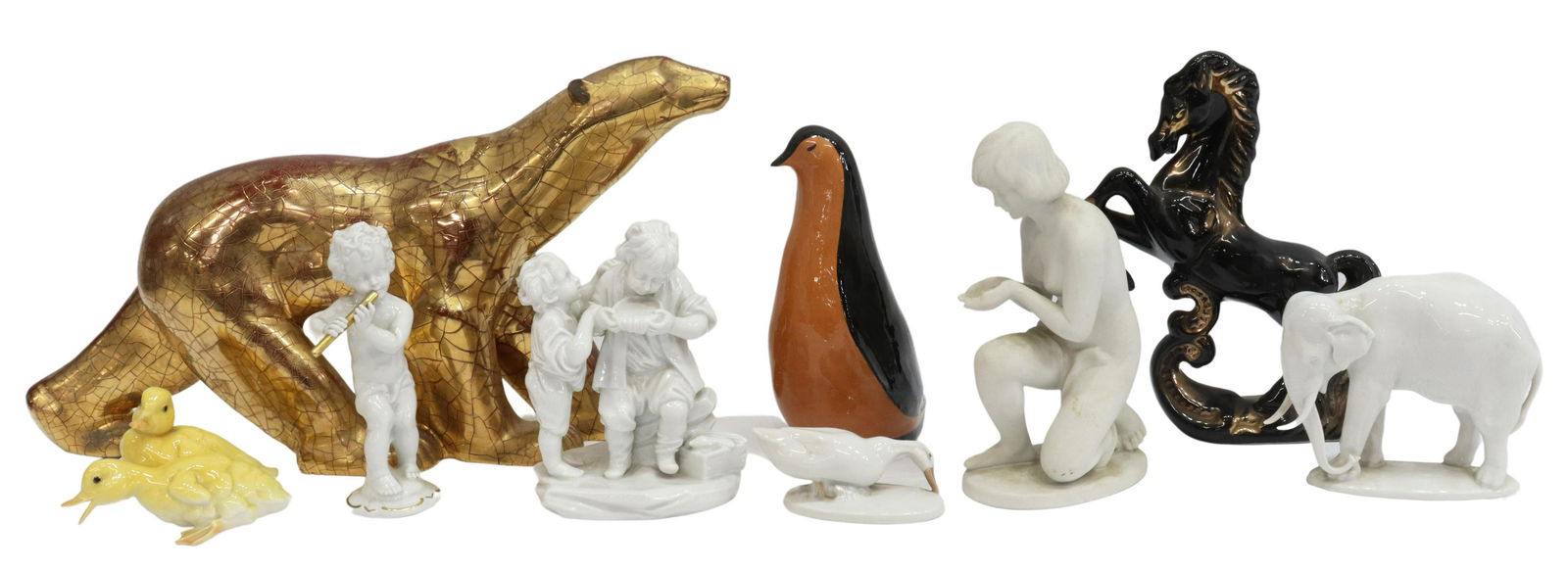 (9) FIGURES, ROSENTHAL, WALLENDORF, CAPODIMONTE: (lot of 9) Porcelain and other ceramic figures, including: (1) Rosenthal elephant, modeled by Theodor Karner (German, 1884-1963), (1) Rosenthal duck, modeled by Karl Himmelstoss (Polish, 1872-1967), (
