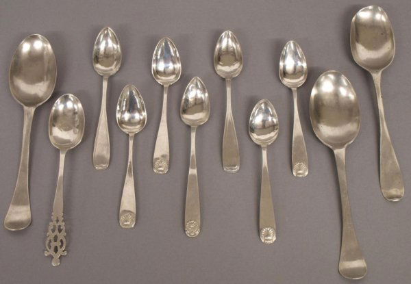 18TH C. COIN & BRITISH STERLING SPOON GROUPING: (lot of 11) Antique coin and sterling silver spoon grouping consisting of: (3) mid to late 18th c. silver spoons, various makers initials, (1) hand monogrammed JML/HOD/ and dated 1742 on the reverse,