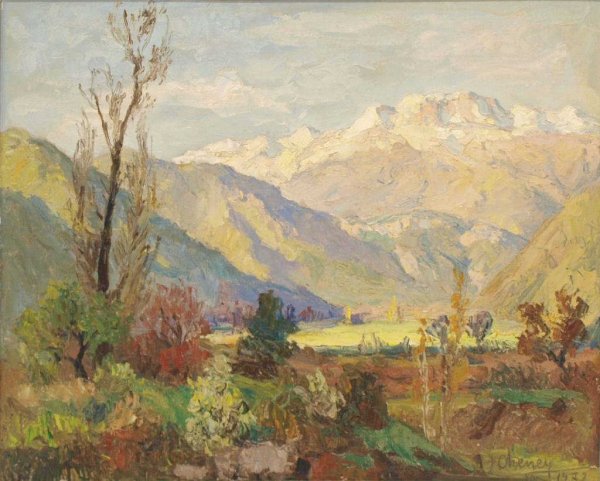 PAINTING, A CHILEAN LANDSCAPE, LADISLAO V. CHENEY: Framed oil on board, Landscape, Landscape, "Ante Canelo, Cajon De Maipo", by Ladislao V. Cheney (Chili), signed L. Cheney lower right, dated 1972, verso marked Studio Los Naranjos 928 Santiago, titled