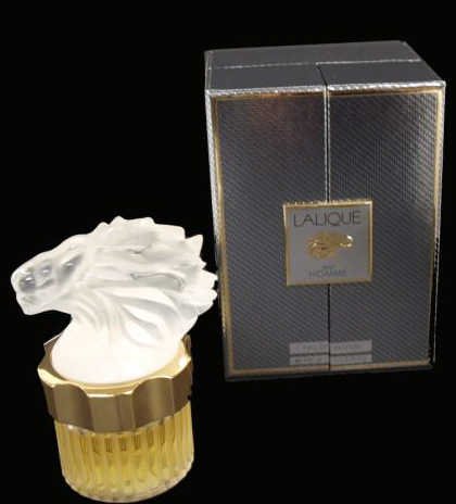 LALIQUE POUR HOMME PARFUM, CRYSTAL LION HEAD: French 'Lalique pour Homme', Lalique's first men's fragrance, eau de parfum cologne for men having a frosted glass twist-on cap formed as a lion's head, full 100 ml bottle wth included spray insert, i