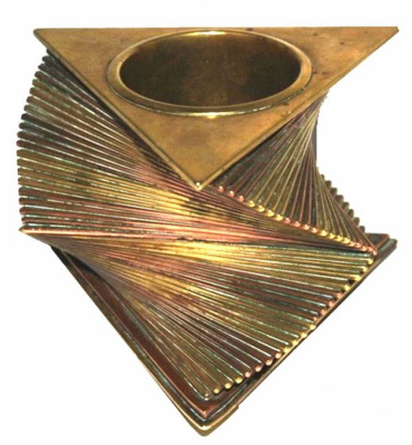 MODERNIST OTAR BRASS & COPPER ACCORDIAN PEN STAND: Modernist brass and copper pen stand/ box, by John Otar, c. 1935, of triangular accordion form on a footed base, stamped Otar/USA in triangle, 3"h,4.5"w, 1.75lbs