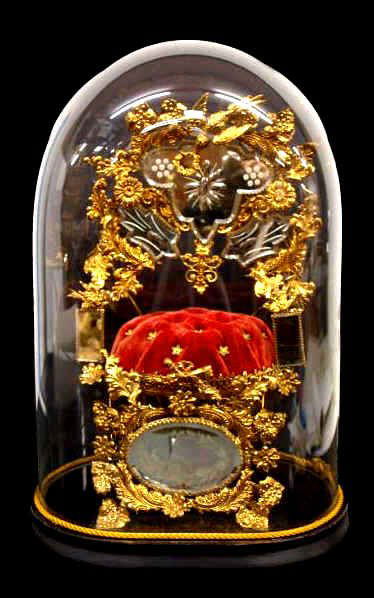 RARE & LARGE 19TH C. FRENCH GILT WEDDING GLOBE: Rare French wedding memento globe, 19th c., a tufted red velvet 'ring' pillow is supported on an ornate foliated gilt metal stand with sparrow forms and etched glass mirrors, the whole under a impress