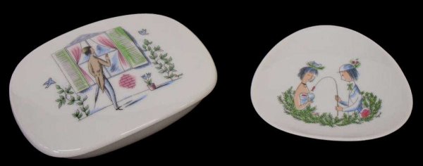 PEYNET ROSENTHAL PORCELAIN NOVELITES, c.1960: Raymond Peynet, Rosenthal 'Studio Line' porcelain novelty items, c. 1960, the lidded piece depicting a 'peeping' gentleman, the small tray a nature scene with 'fisherman', largest: 1.25"h, 6.5"l, 4.75