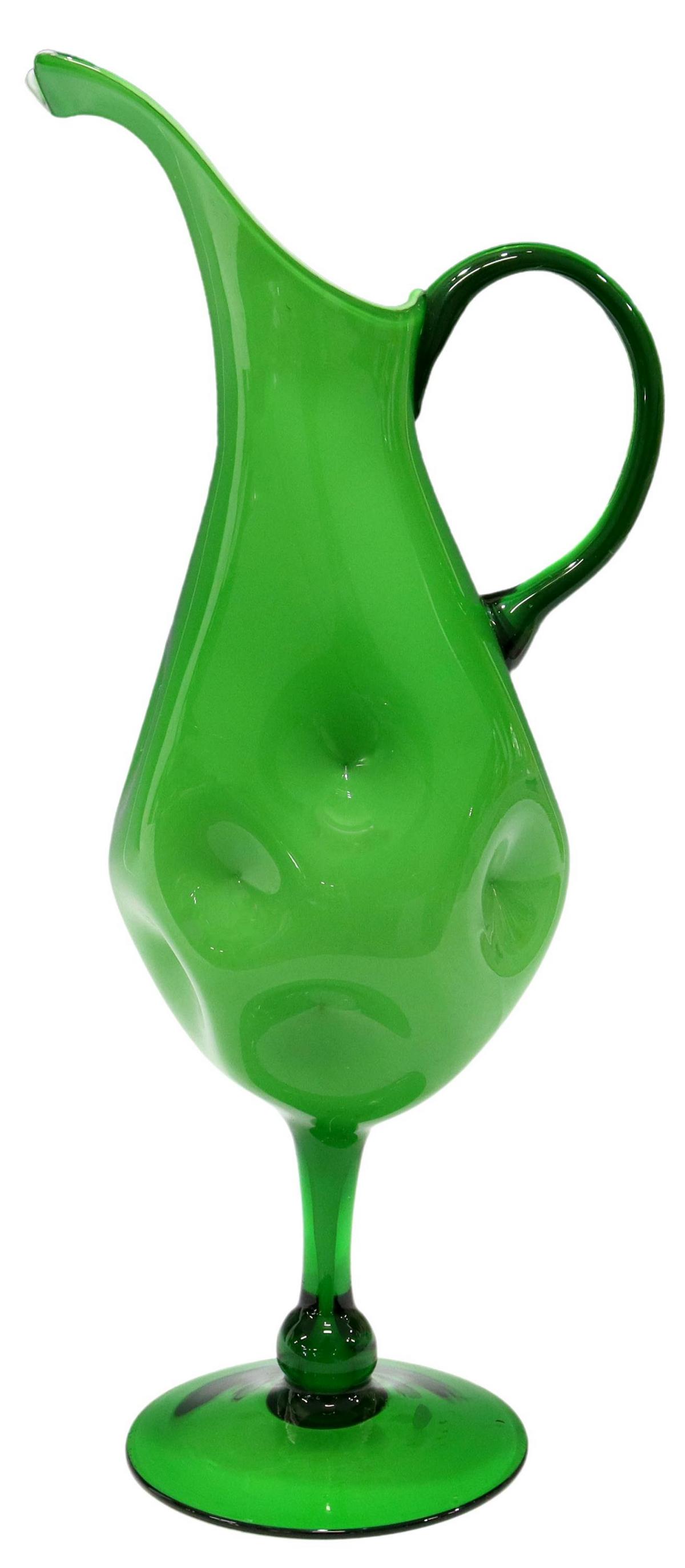 ITALIAN MID-CENTURY ART GLASS DIMPLED EWER PITCHER: Italian mid-century modern art glass ewer/ pitcher, c.1950s, cased green glass, applied handle, dimpled body, knopped stem, on a circular foot, unmarked, approx 17"h, 2.25lbs Start Price: $50.00