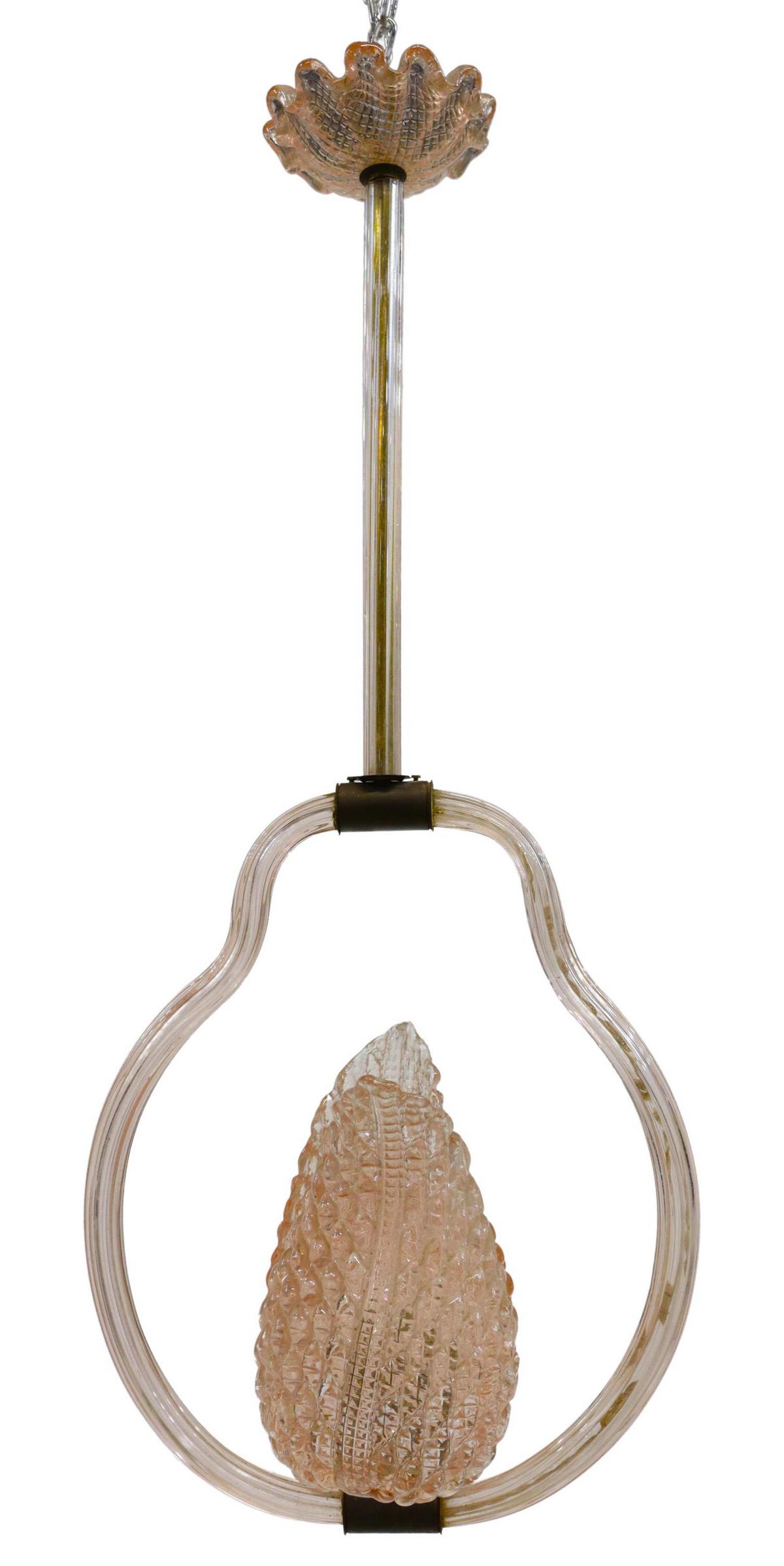 ITALIAN MID-CENTURY MURANO ART GLASS CHANDELIER: Italian Murano art glass chandelier, in the style of Barovier & Toso, c.1940s-1950s, blush pink glass, scalloped ceiling cap with impressed lattice pattern, fluted glass-clad standard and lobed ring, 
