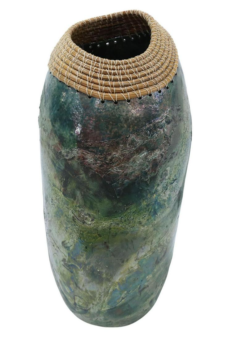 JOYCE SHUMAN (NM) RAKU ART POTTERY BASKET VASE (1 of 5)