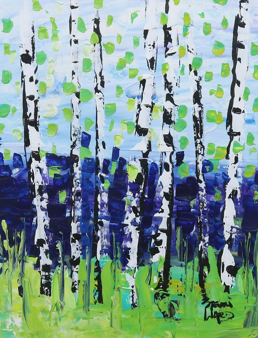 SIGNED MODERN PAINTING PAPER BIRCH TREES (1 of 4)