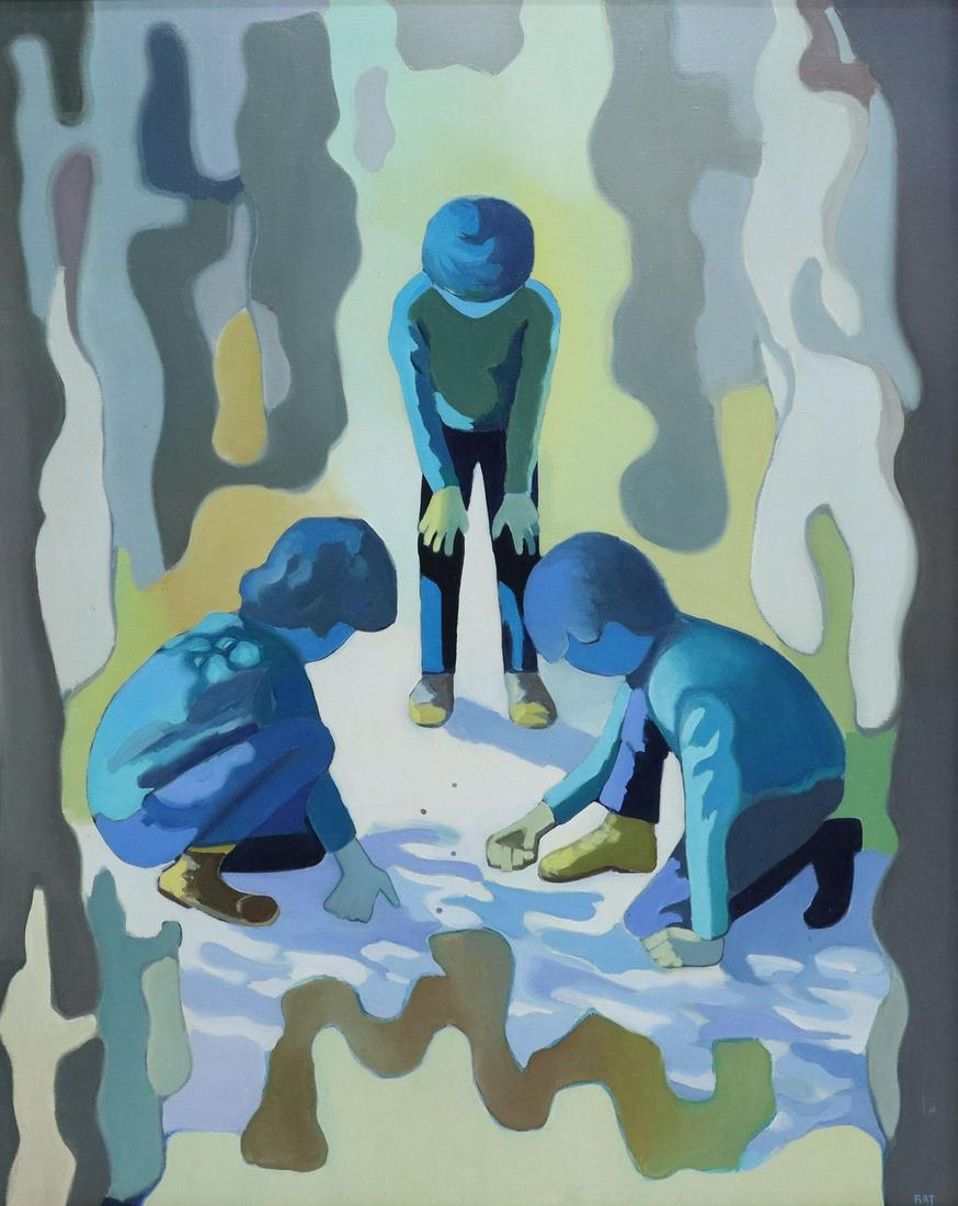 MODERN PAINTING CHILDREN PLAYING MARBLES 1975: Framed French School oil on canvas painting, Children Playing Marbles, signed lower right Raj, dated on back stretcher Mars 1975, sight: 35.5"h, 28.25"w, overall: 37.25"h, 20.5"w, 4.75lbs Start Price: