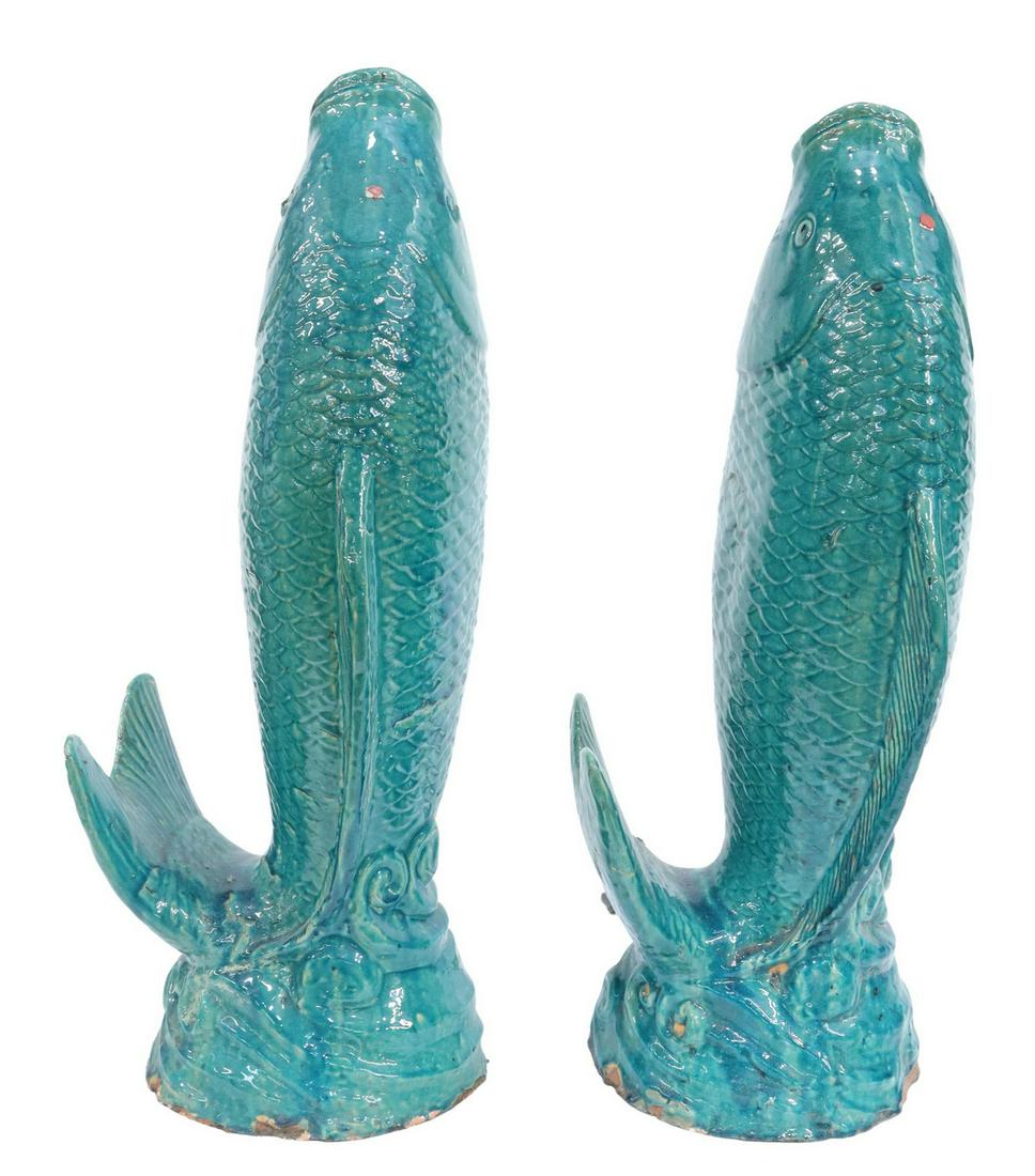 (2) CHINESE TURQUOISE GLAZED CERAMIC CARP VASES (1 of 4)
