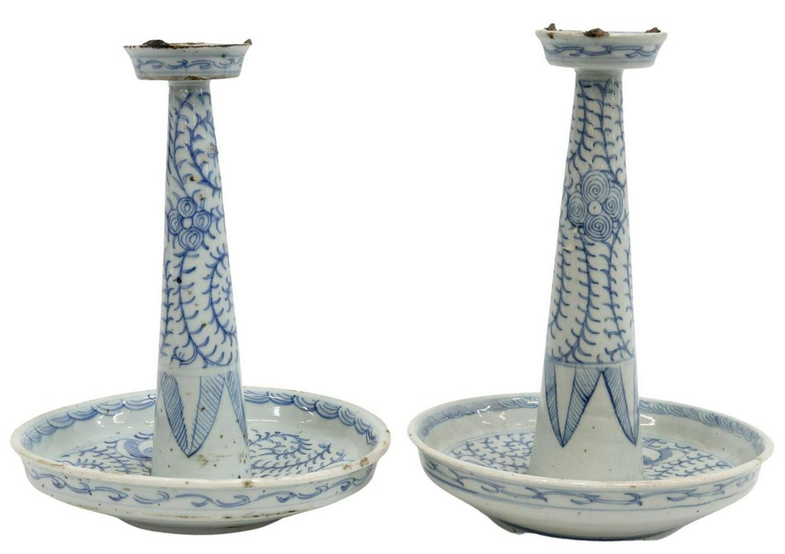 (2) CHINESE BLUE & WHITE PORCELAIN CANDLE STANDS (1 of 3)