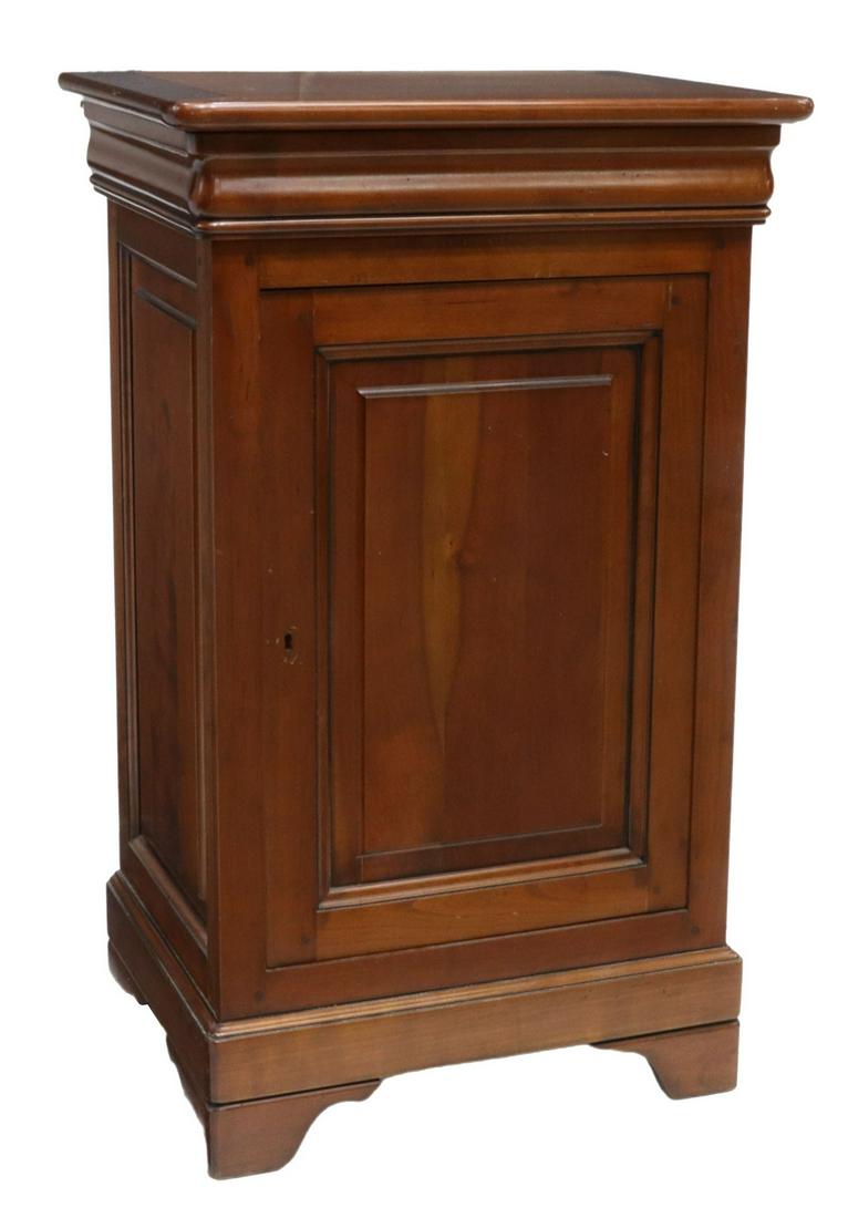 FRENCH FRUITWOOD BEDSIDE CABINET: French Louis Philippe style fruitwood nightstand, 20th c., ogee frieze drawer, over paneled cabinet door, adjustable-height shelf, rising on bracket feet, approx 35.25"h, 21.75"w, 16.5"d Start Price: 