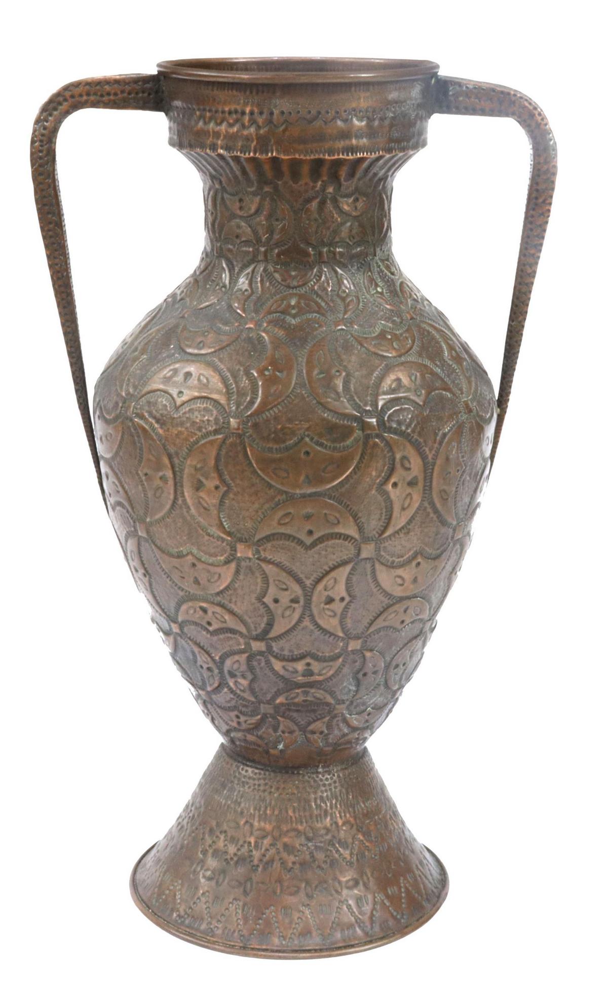 LARGE COPPER REPOUSSE HANDLED URN VESSEL (1 of 3)